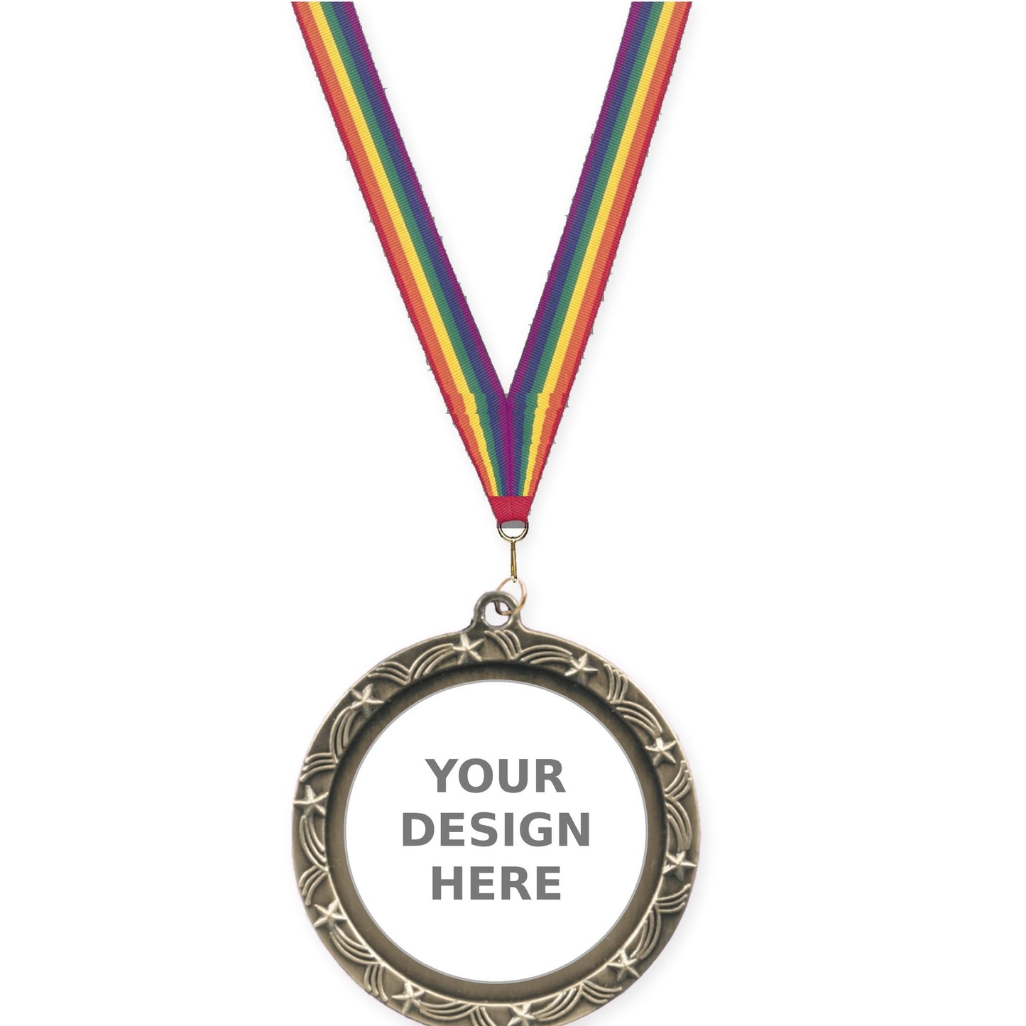 2 1/2 inch Star Halo insert medal in antique gold with Rainbow neck ribbon