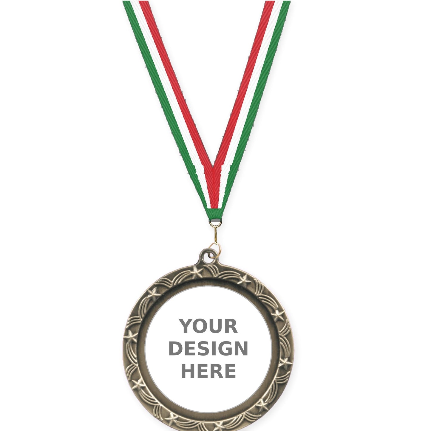 2 1/2 inch Star Halo insert medal in antique gold with Green White Red neck ribbon