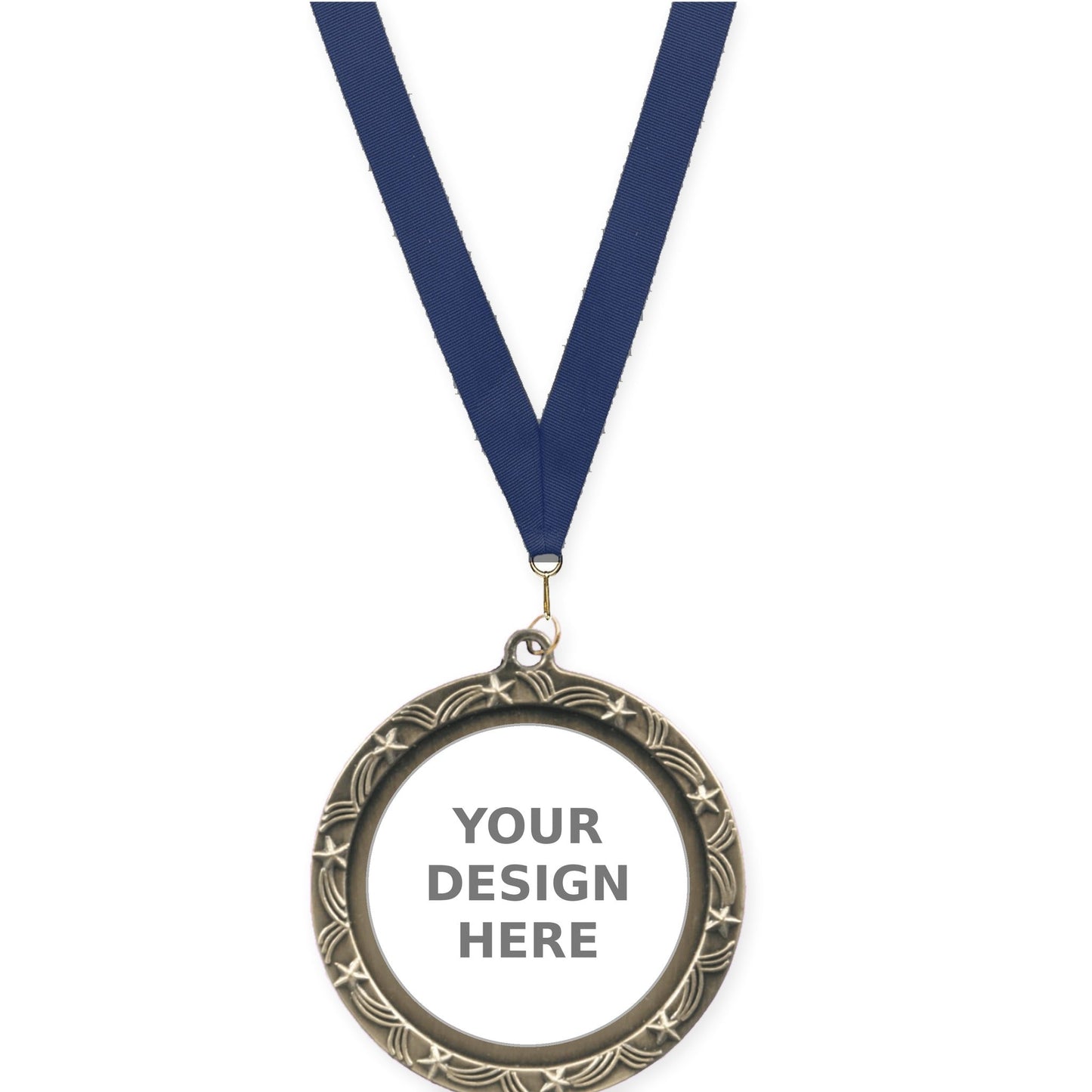 2 1/2 inch Star Halo insert medal in antique gold with Navy neck ribbon