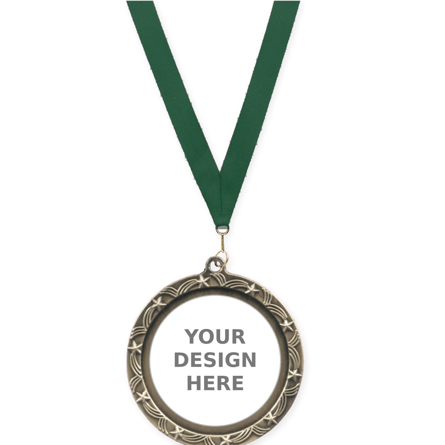 2 1/2 inch Star Halo insert medal in antique gold with Hunter Green neck ribbon