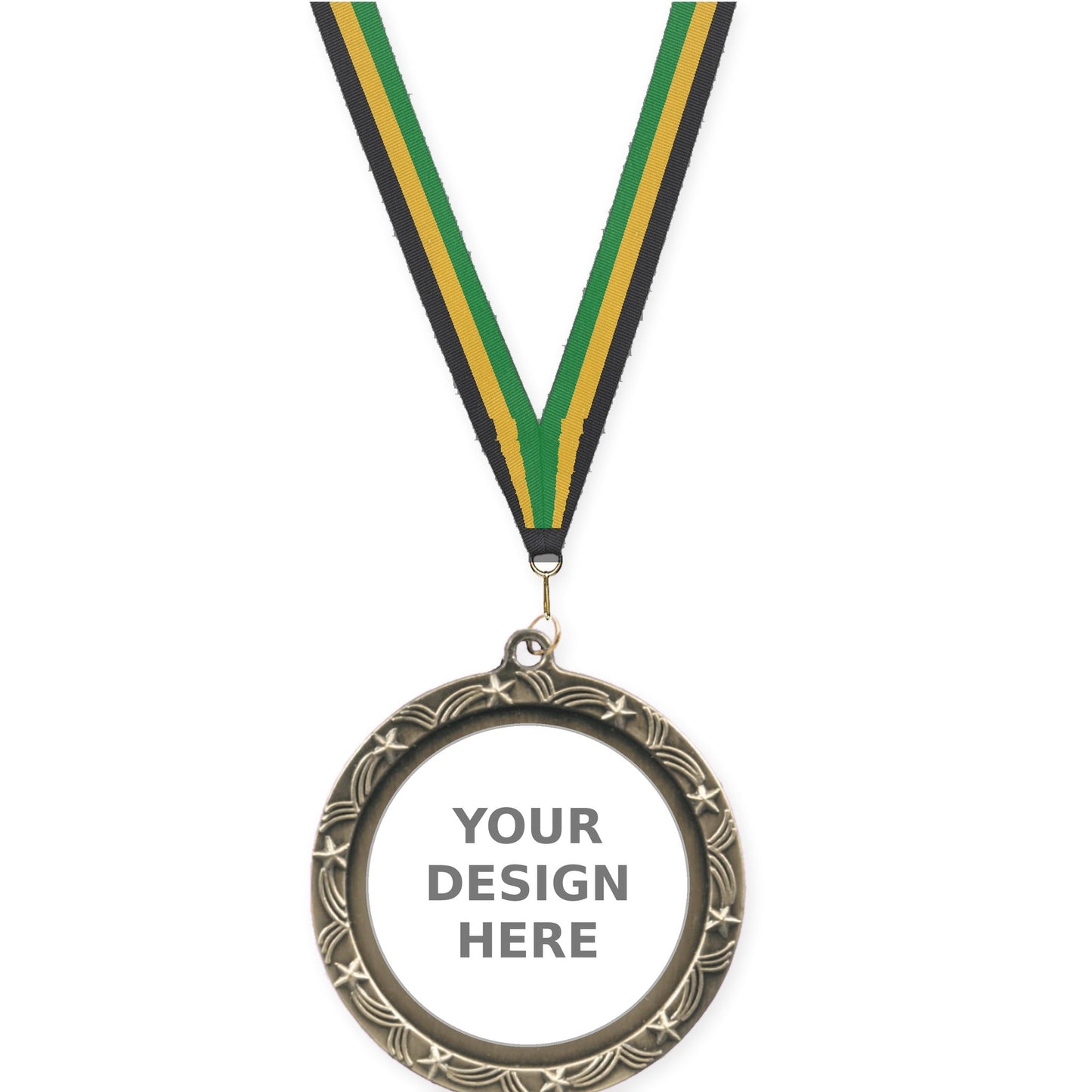 2 1/2 inch Star Halo insert medal in antique gold with Black Gold Green neck ribbon