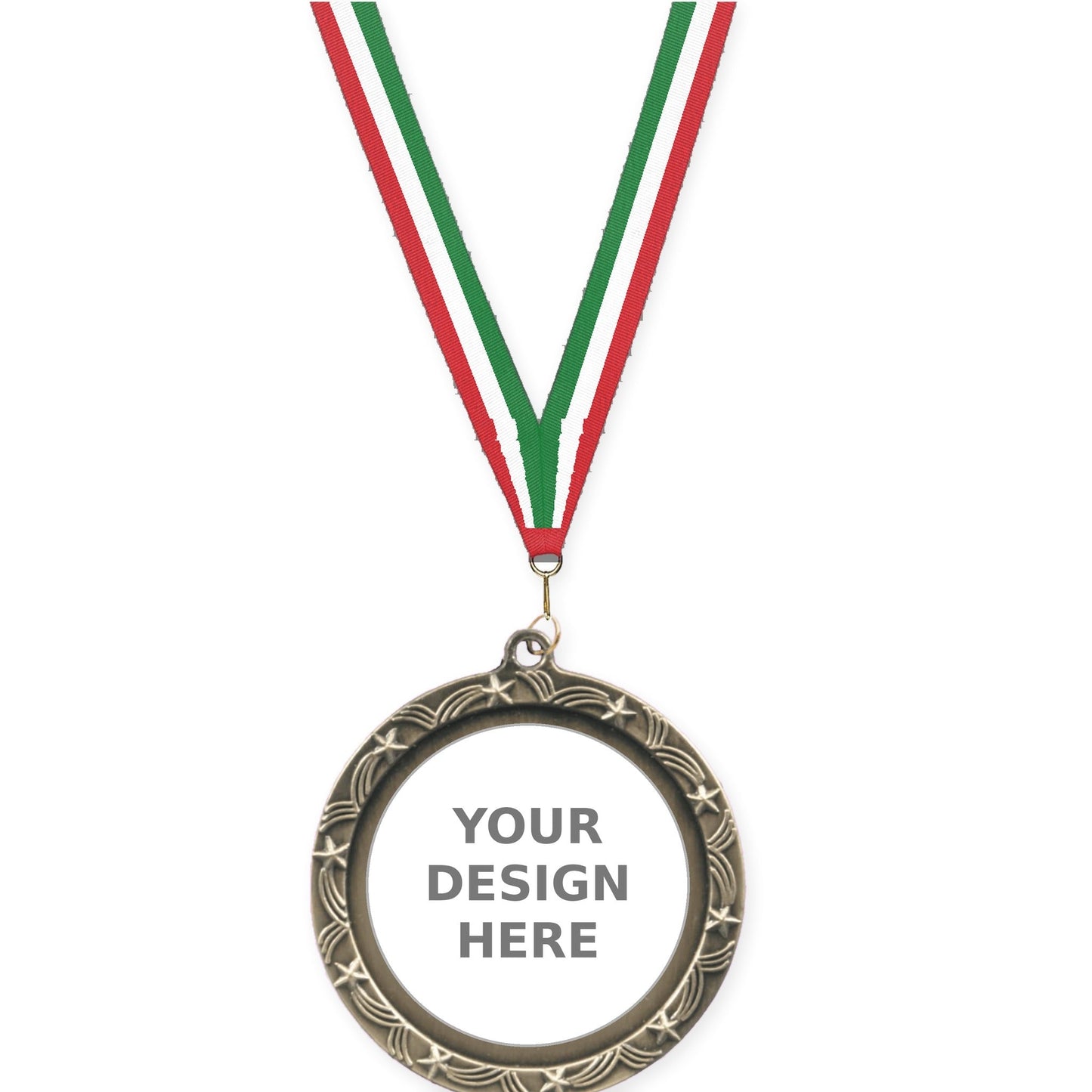 2 1/2 inch Star Halo insert medal in antique gold with Red White Green neck ribbon