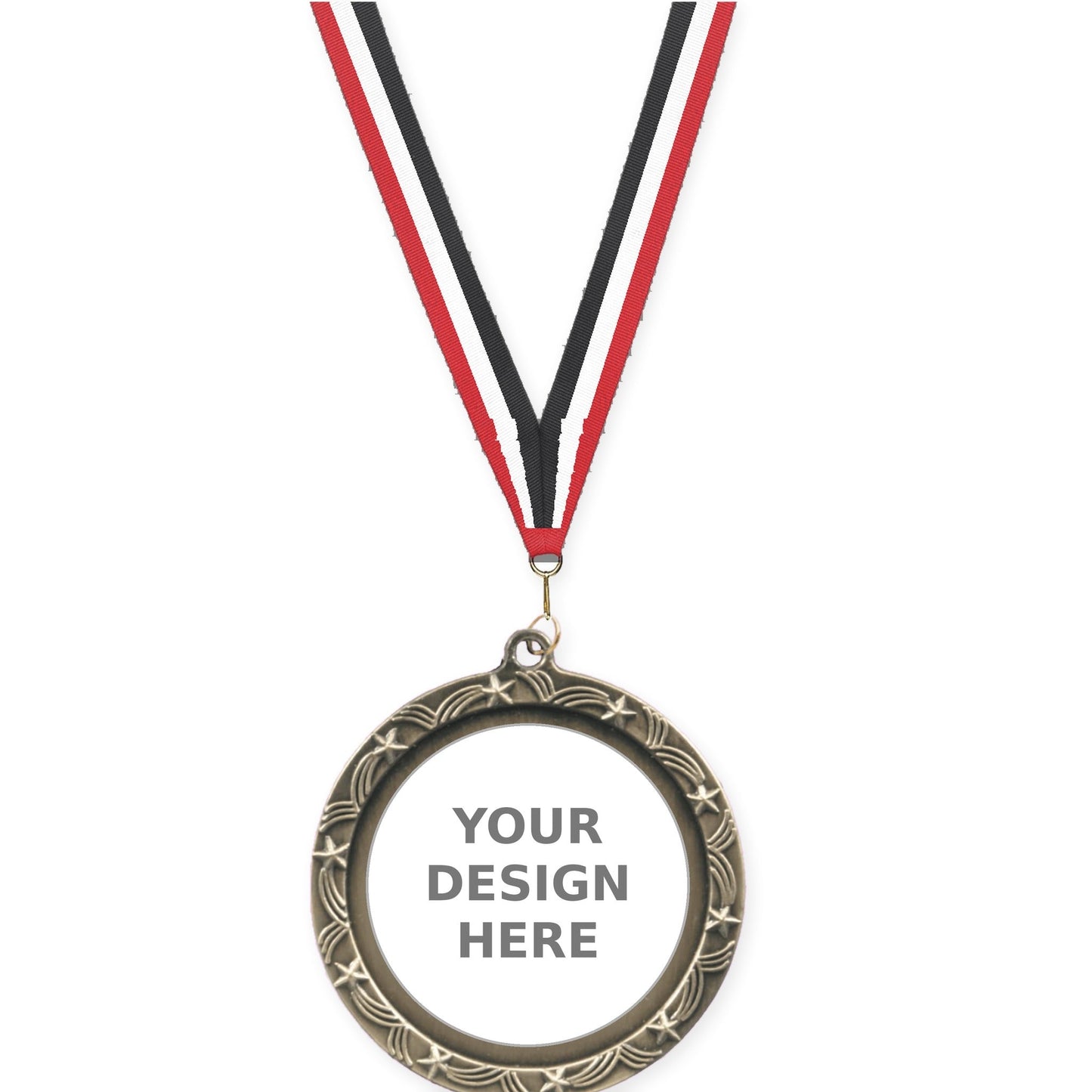 2 1/2 inch Star Halo insert medal in antique gold with Red White Black neck ribbon
