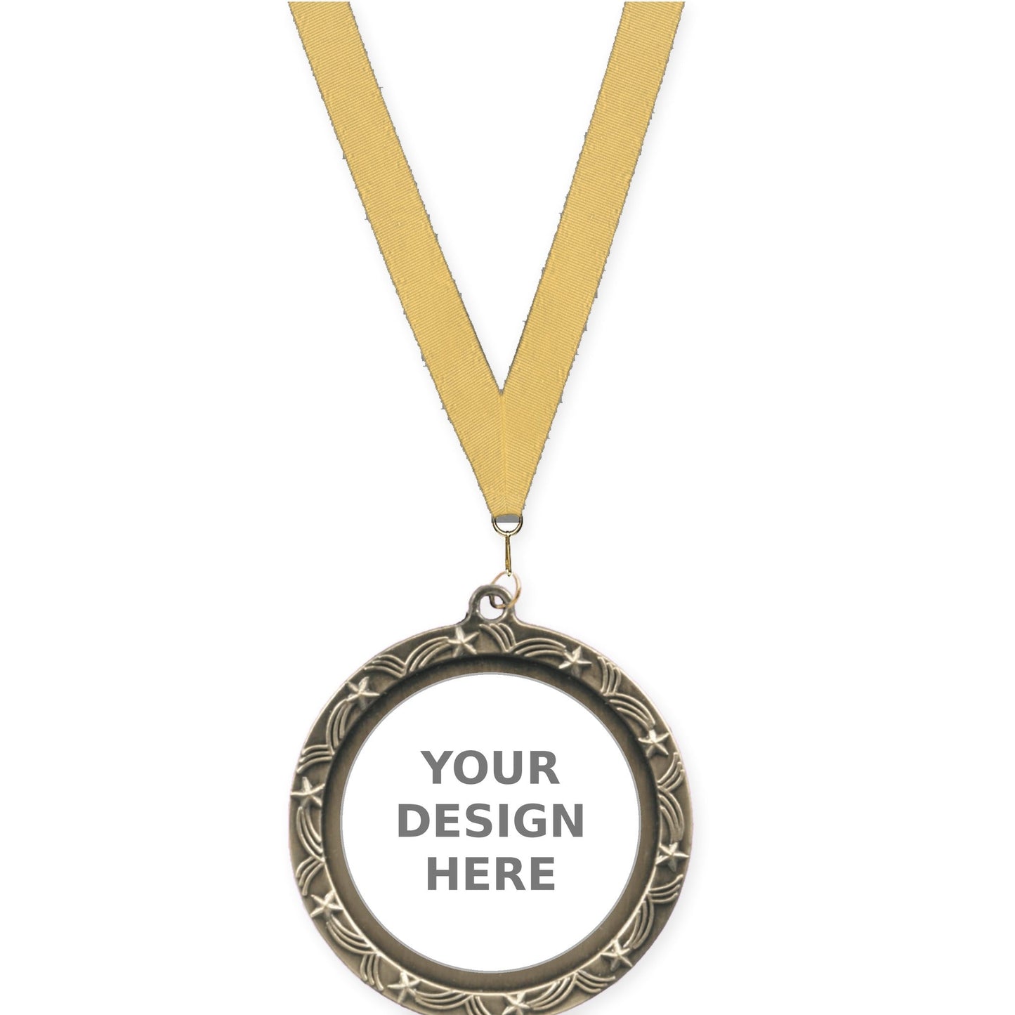 2 1/2 inch Star Halo insert medal in antique gold with Gold Metallic neck ribbon