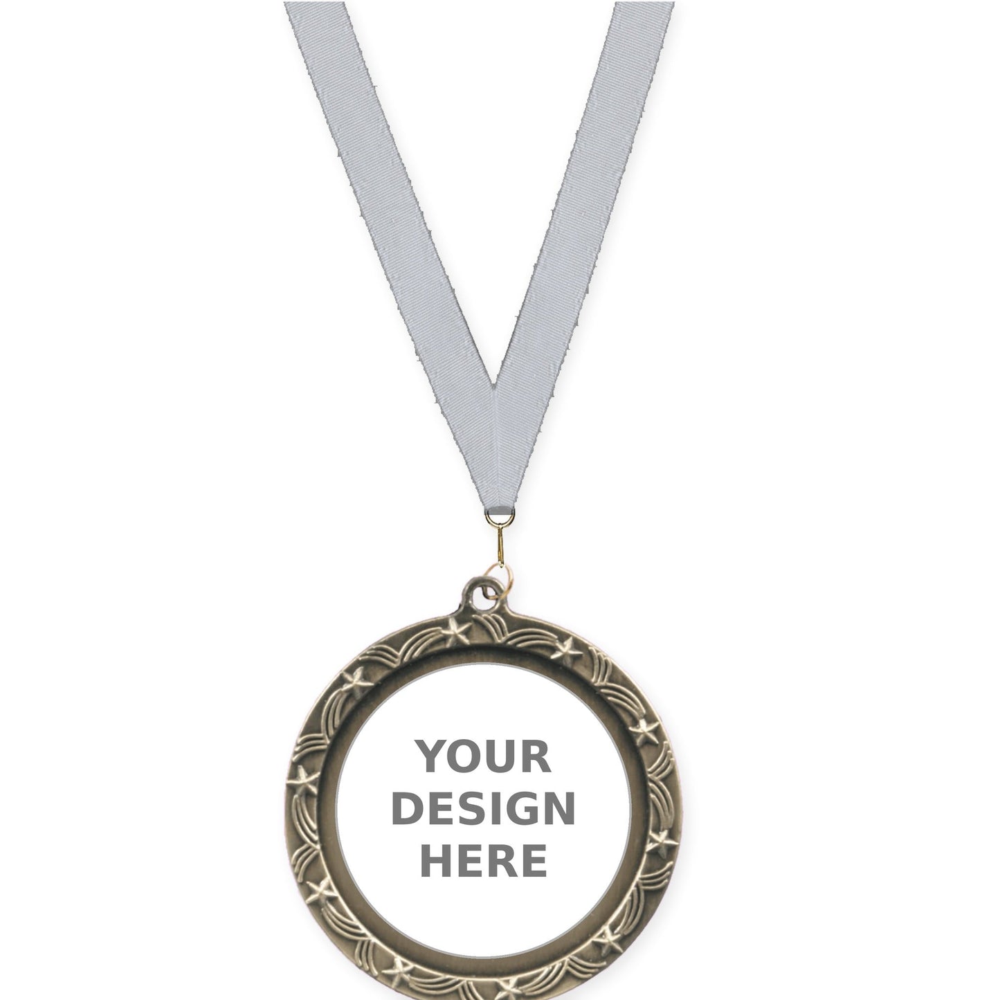 2 1/2 inch Star Halo insert medal in antique gold with Silver Metallic neck ribbon