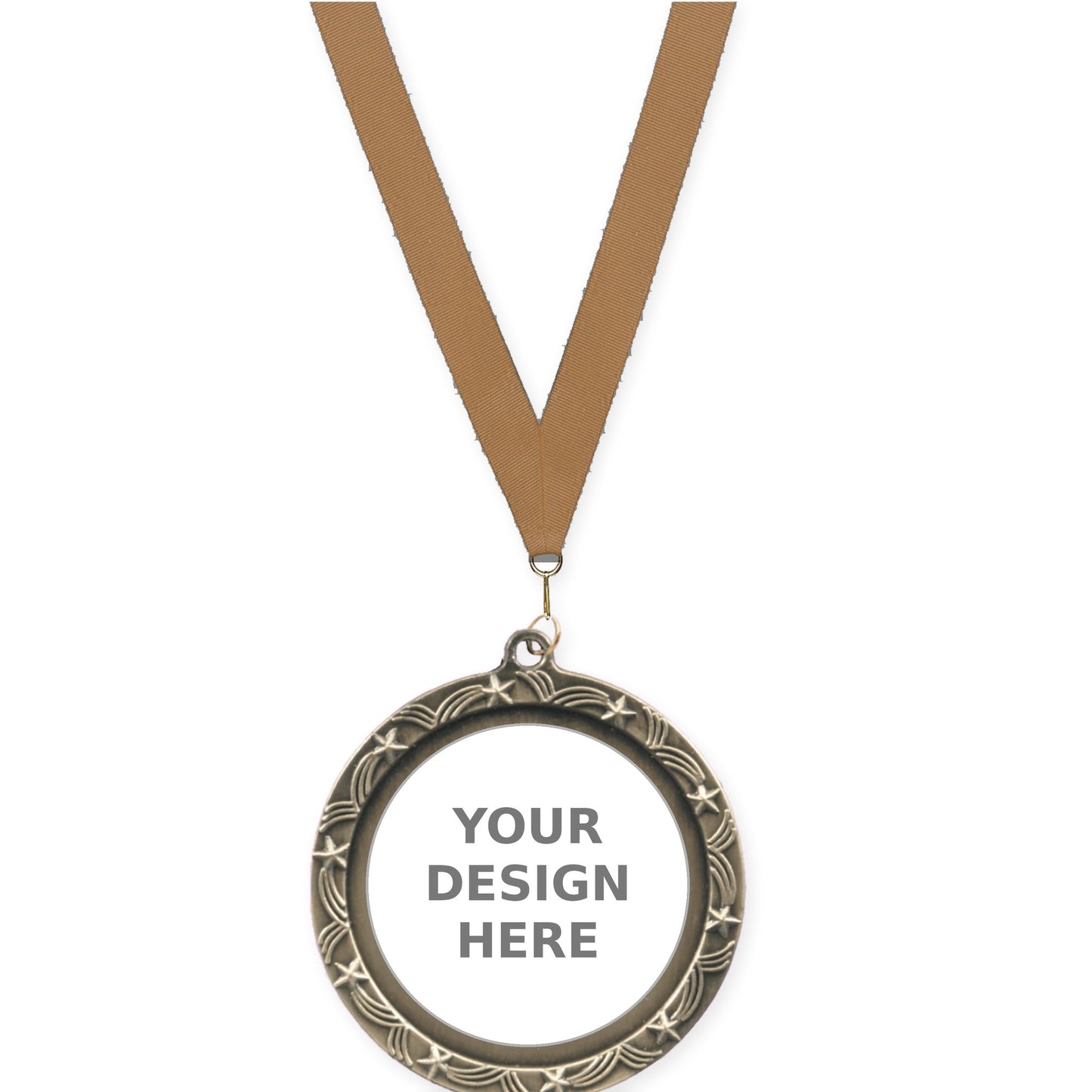 2 1/2 inch Star Halo insert medal in antique gold with Bronze Metallic neck ribbon