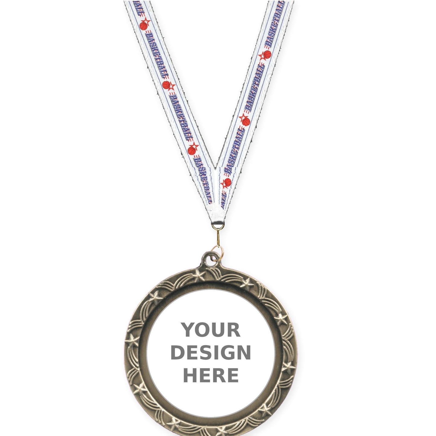 2 1/2 inch Star Halo insert medal in antique gold with Basketball neck ribbon