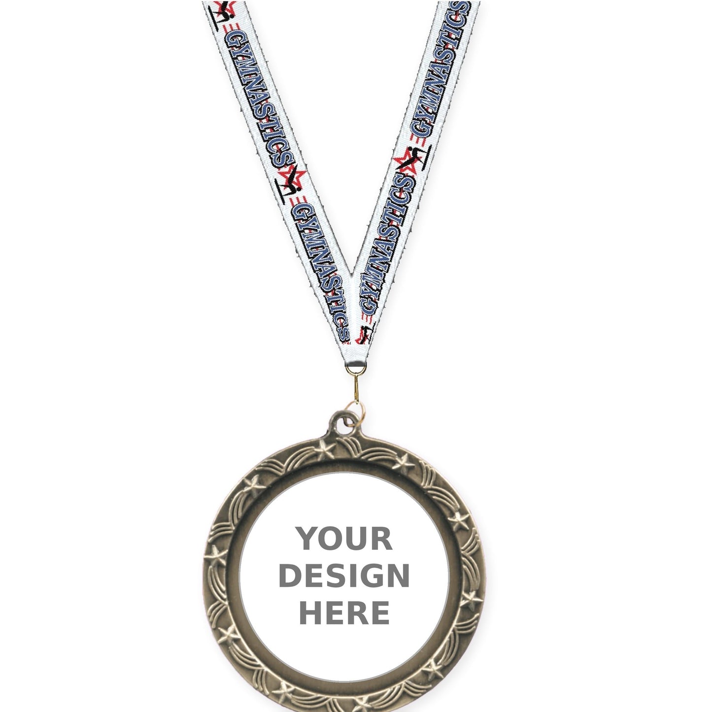 2 1/2 inch Star Halo insert medal in antique gold with Gymnastics neck ribbon