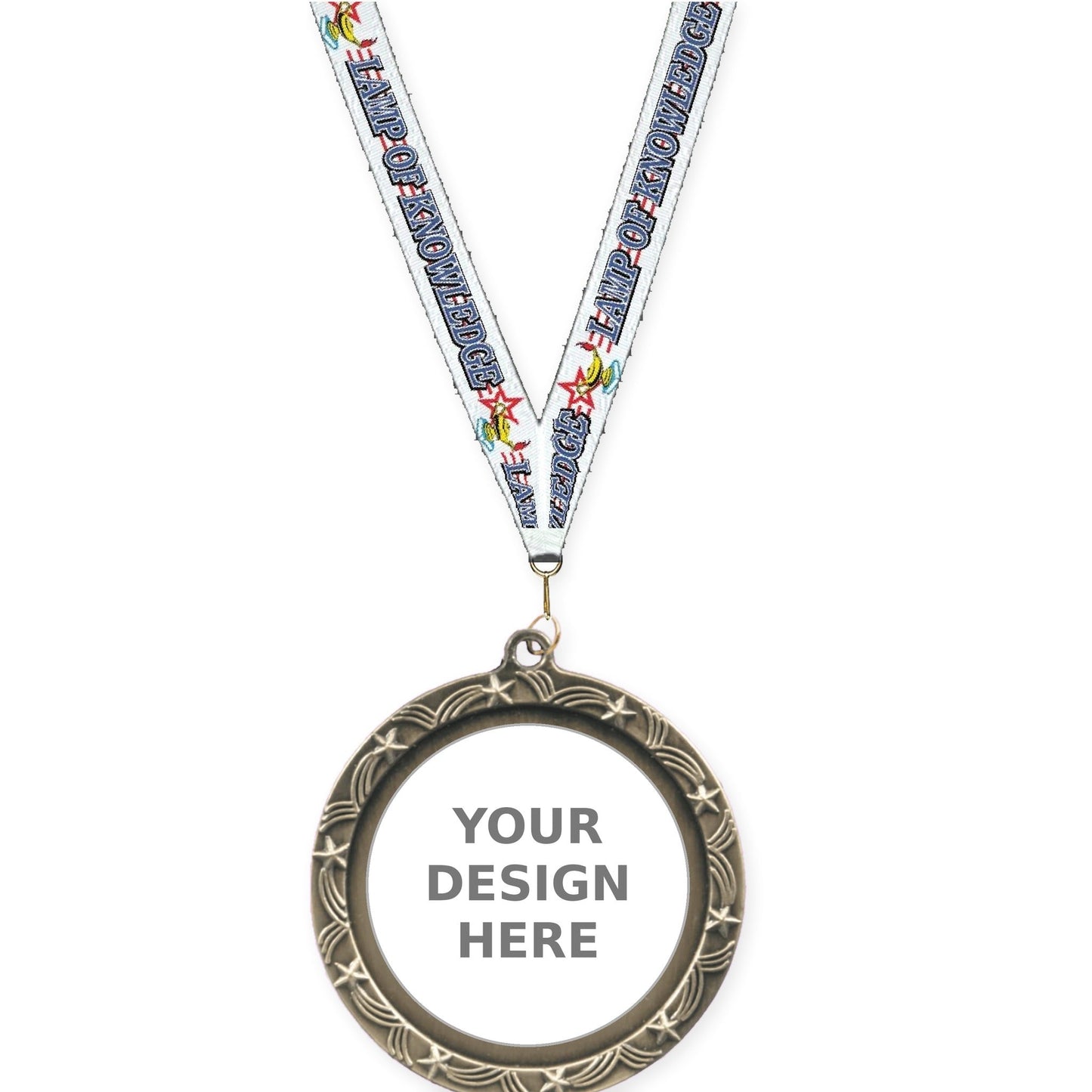 2 1/2 inch Star Halo insert medal in antique gold with Lamp Of Knowledge neck ribbon