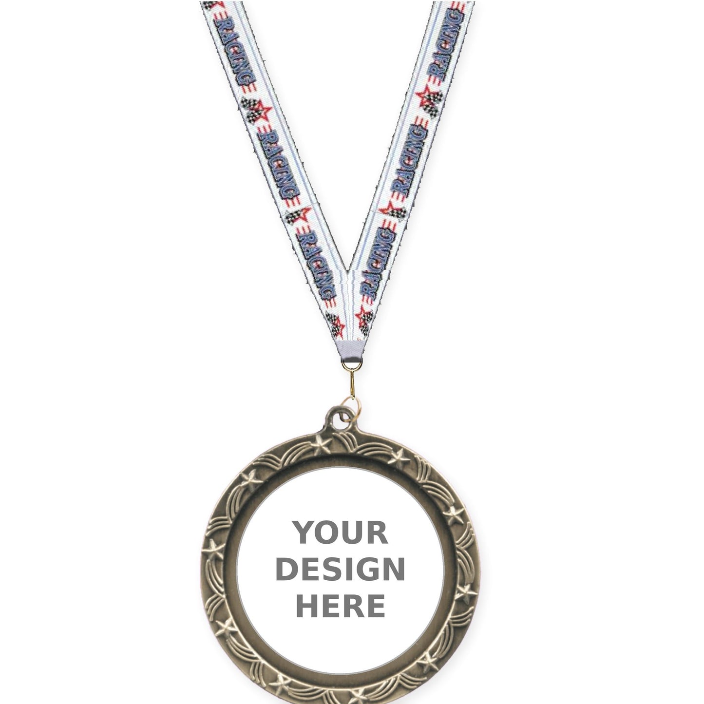 2 1/2 inch Star Halo insert medal in antique gold with Auto Racing neck ribbon