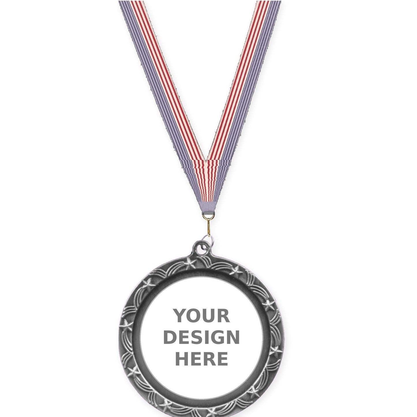 2 1/2 inch Star Halo insert medal in antique silver with USA Flag neck ribbon