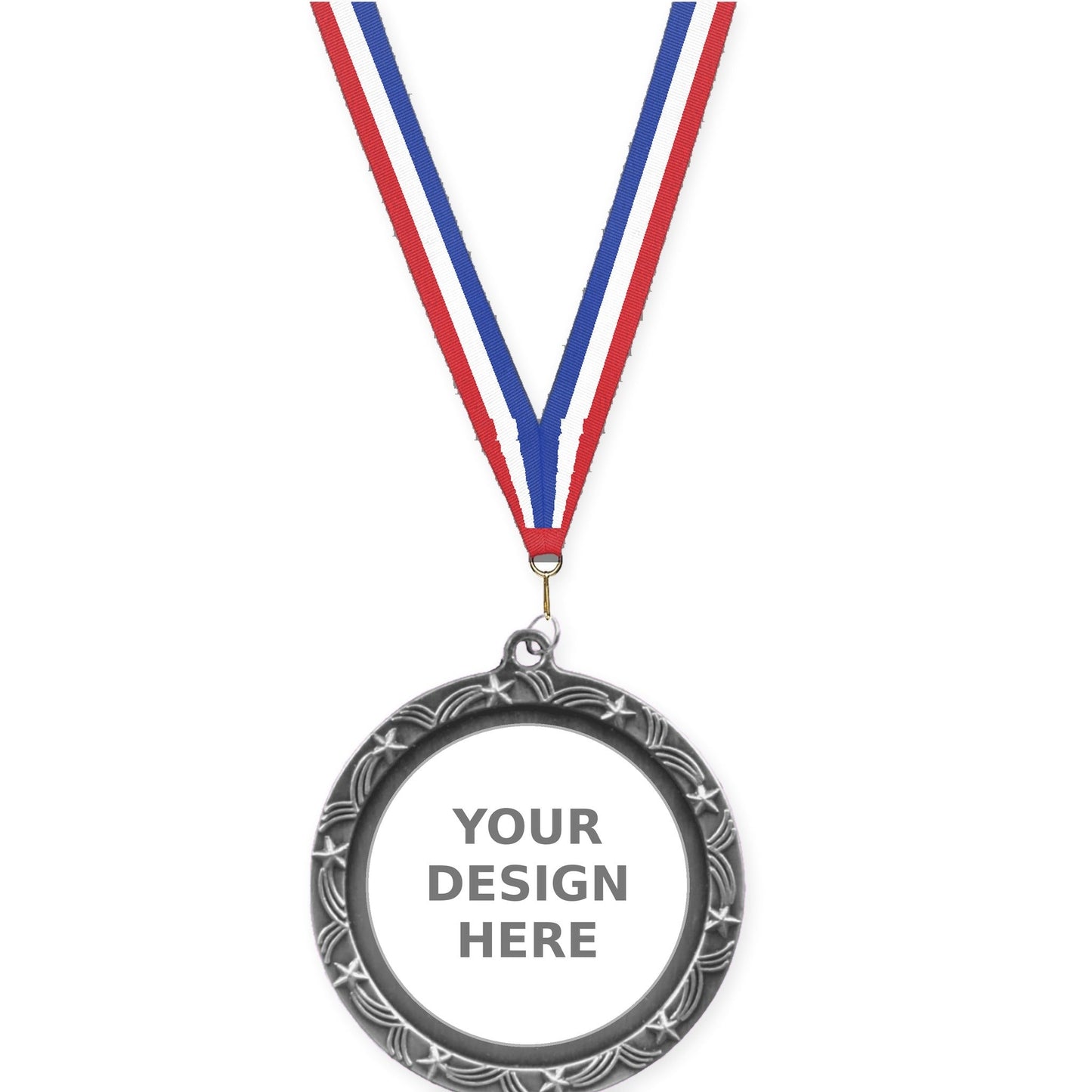 2 1/2 inch Star Halo insert medal in antique silver with Red White Blue neck ribbon