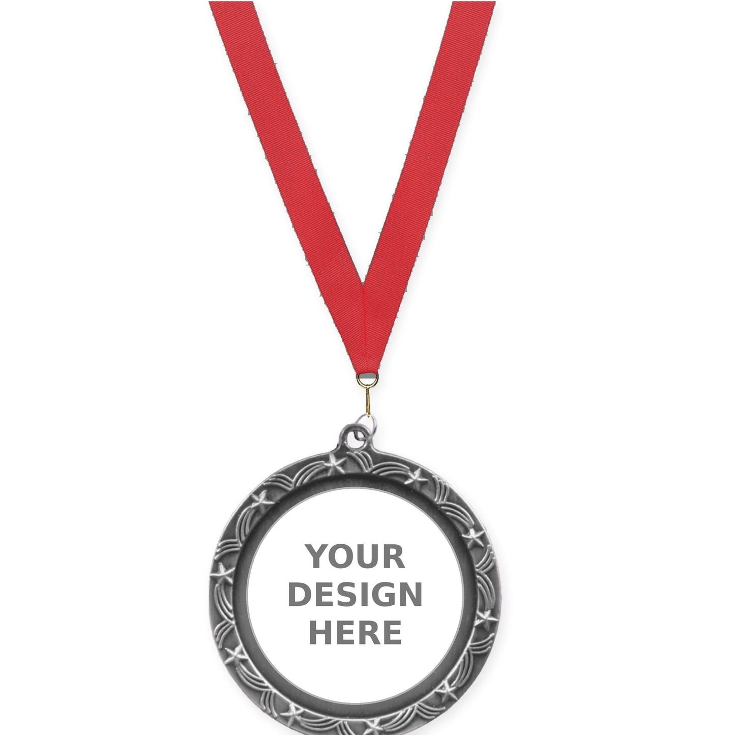 2 1/2 inch Star Halo insert medal in antique silver with Red neck ribbon