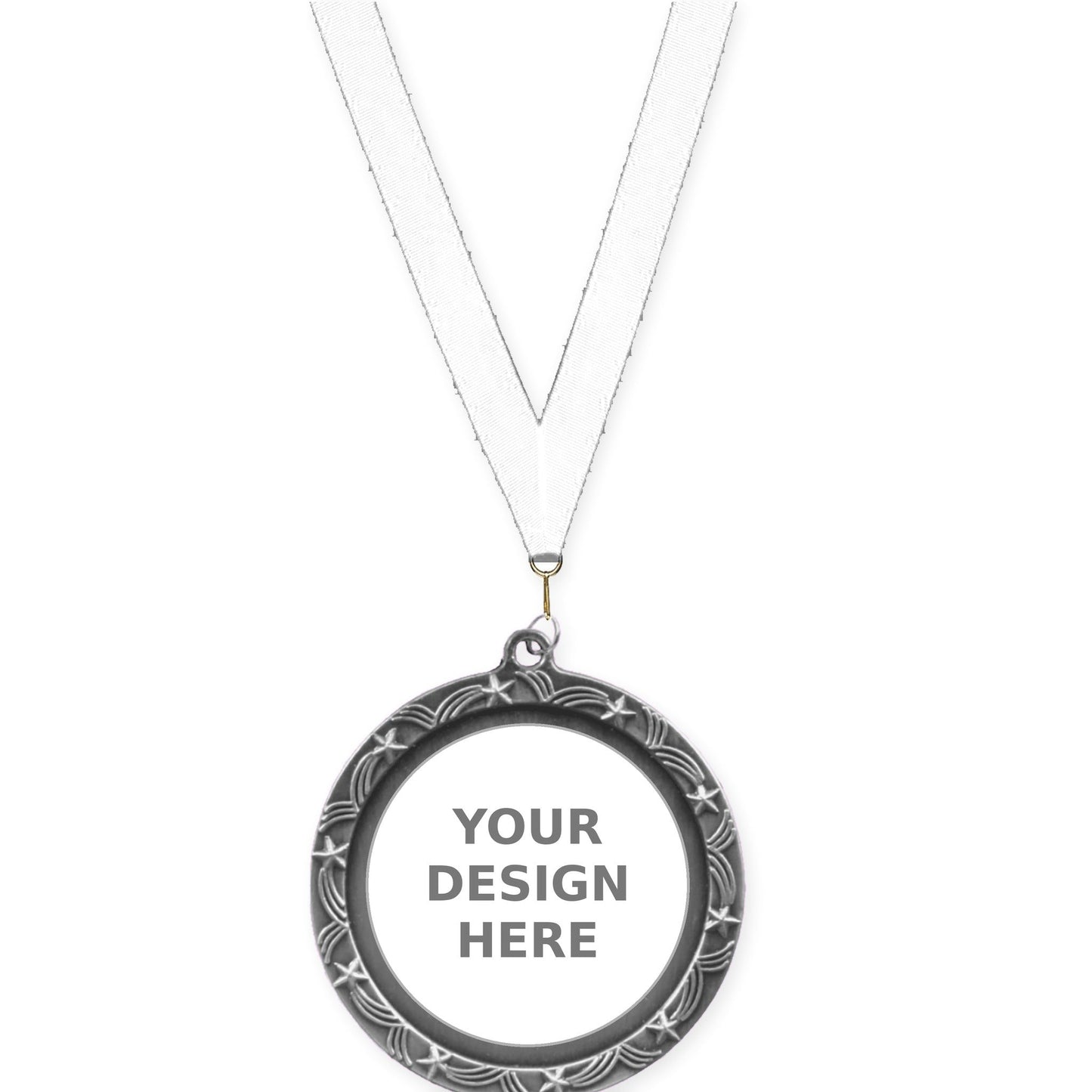 2 1/2 inch Star Halo insert medal in antique silver with White neck ribbon
