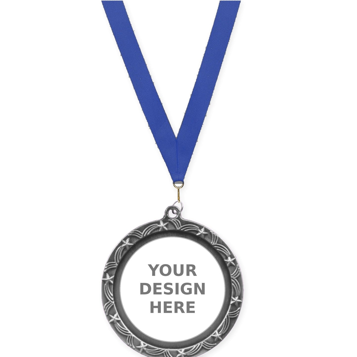 2 1/2 inch Star Halo insert medal in antique silver with Blue neck ribbon