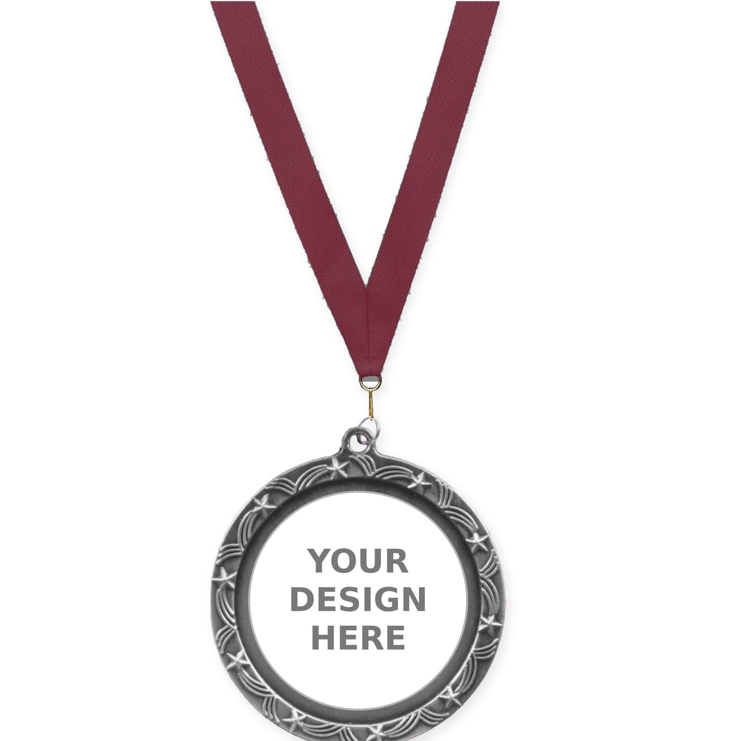 2 1/2 inch Star Halo insert medal in antique silver with Maroon neck ribbon
