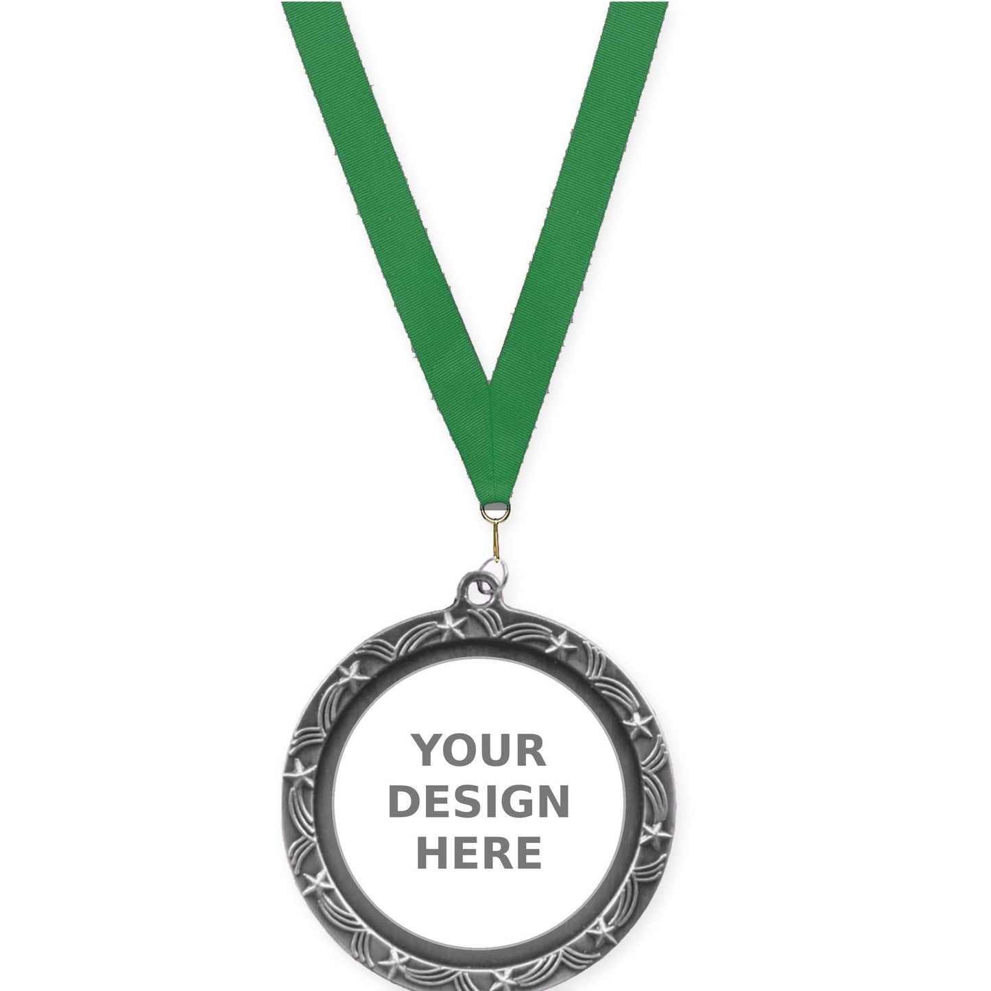 2 1/2 inch Star Halo insert medal in antique silver with Green neck ribbon