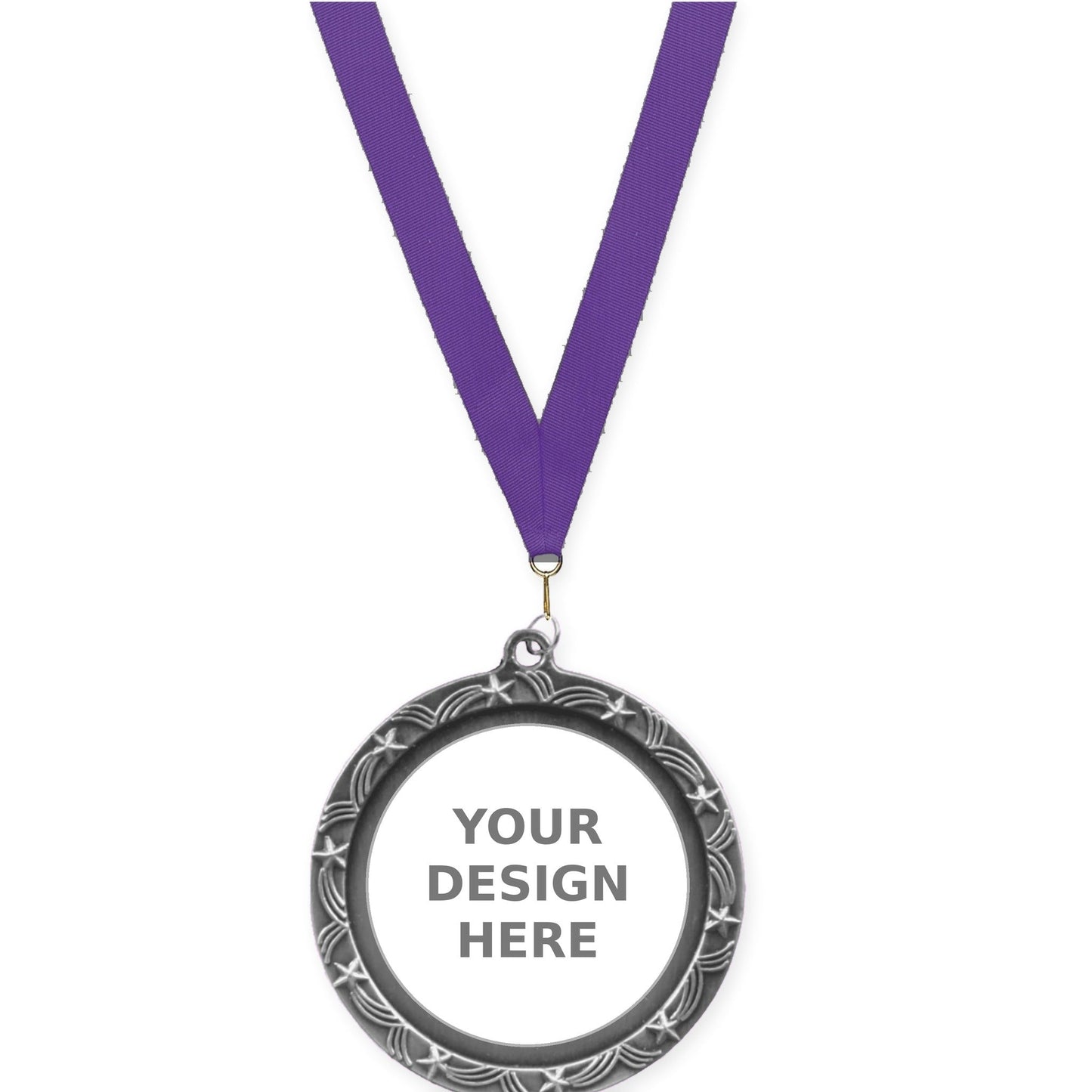 2 1/2 inch Star Halo insert medal in antique silver with Purple neck ribbon