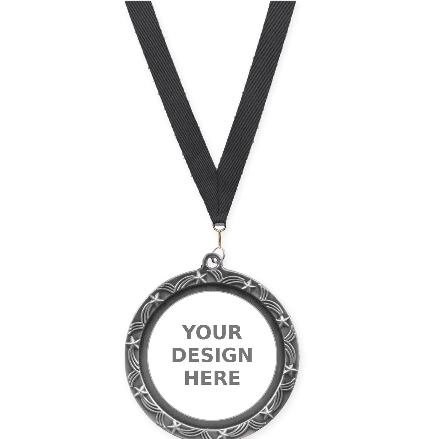 2 1/2 inch Star Halo insert medal in antique silver with Black neck ribbon