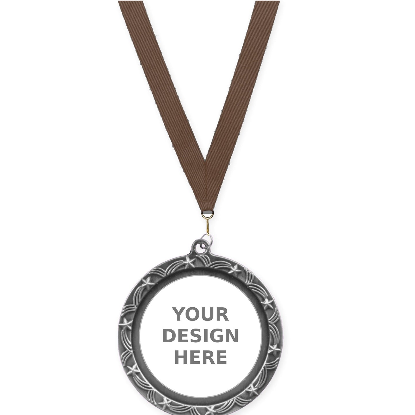 2 1/2 inch Star Halo insert medal in antique silver with Brown neck ribbon