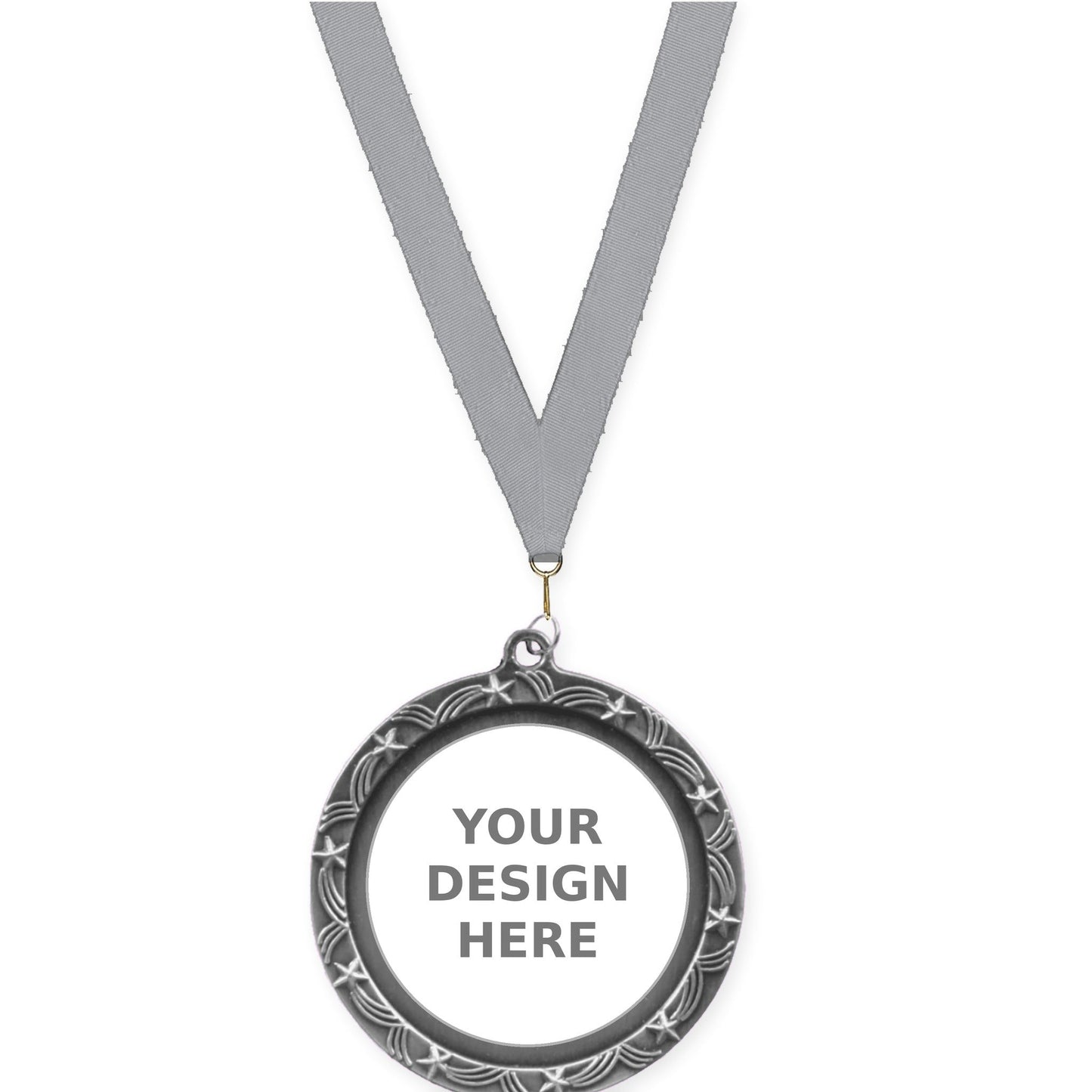 2 1/2 inch Star Halo insert medal in antique silver with Gray neck ribbon