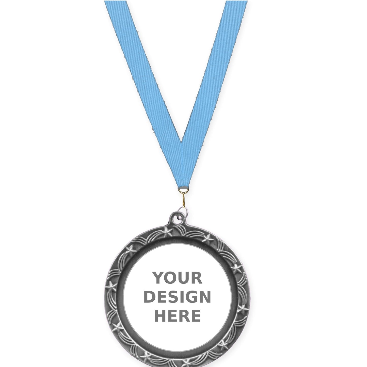 2 1/2 inch Star Halo insert medal in antique silver with Light Blue neck ribbon