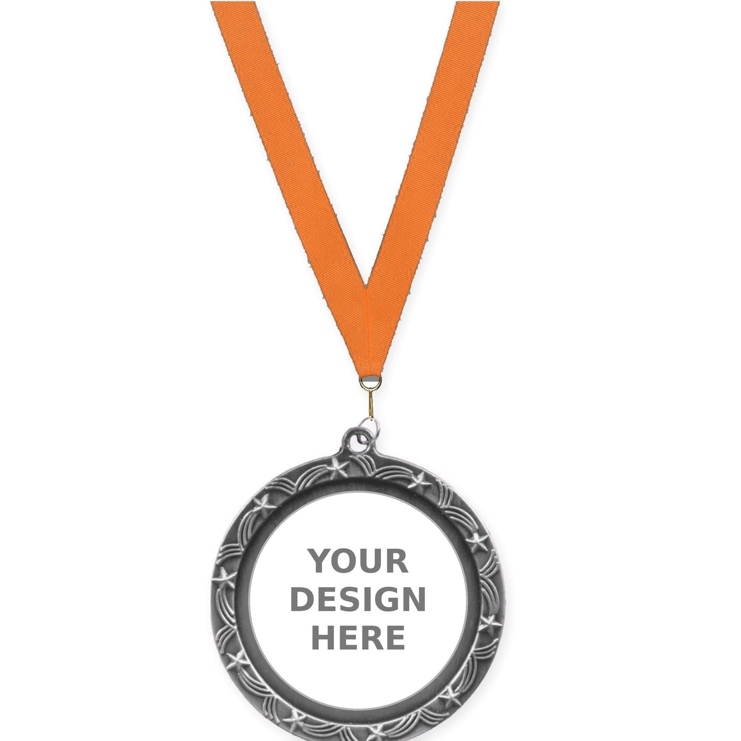 2 1/2 inch Star Halo insert medal in antique silver with Orange neck ribbon