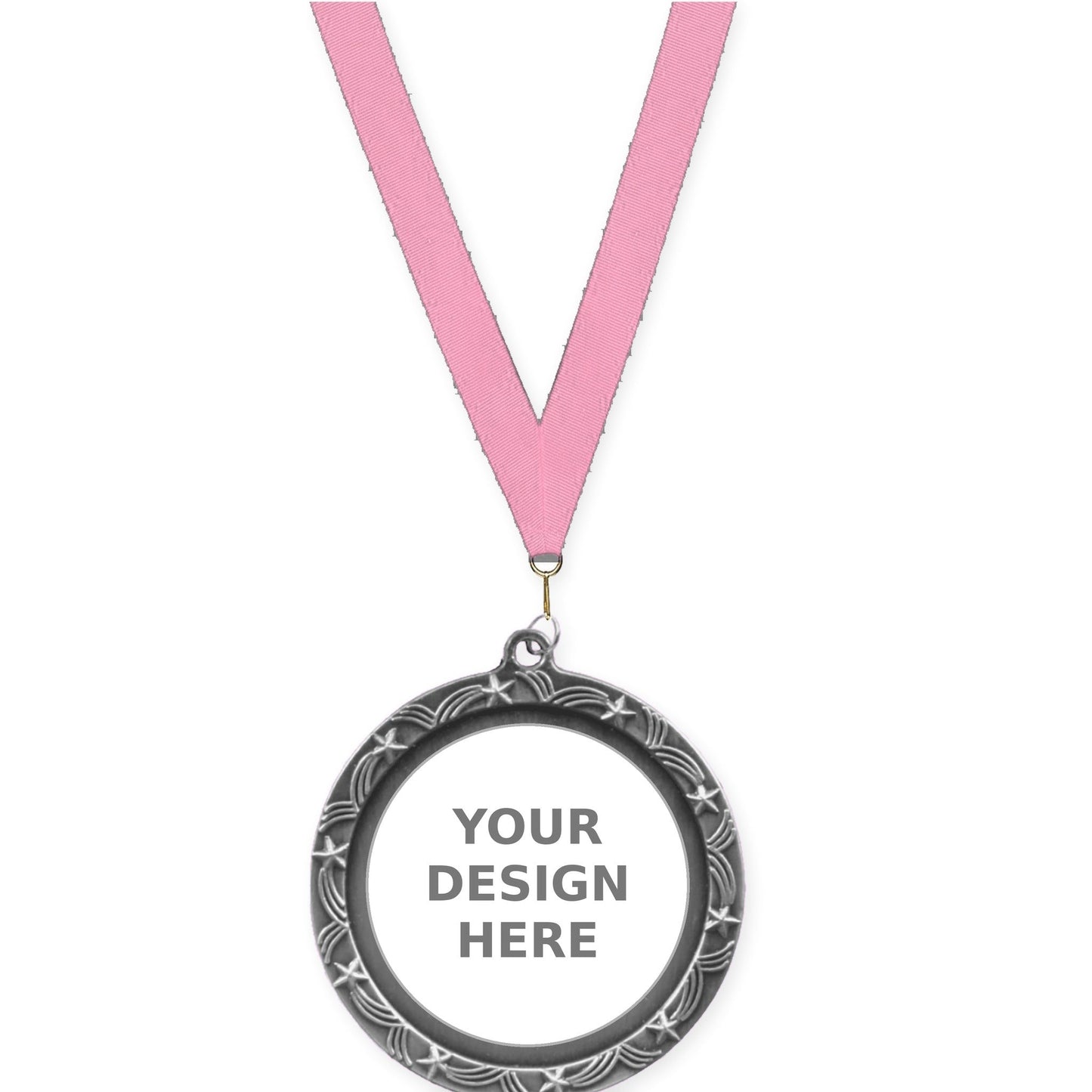 2 1/2 inch Star Halo insert medal in antique silver with Pink neck ribbon