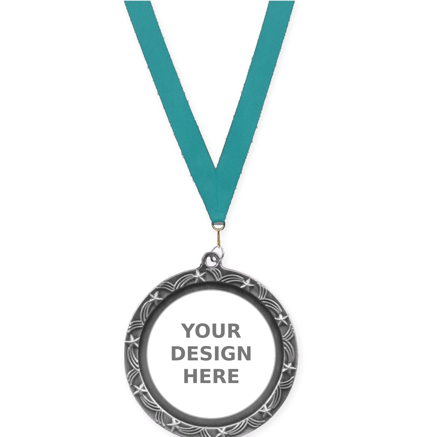 2 1/2 inch Star Halo insert medal in antique silver with Teal neck ribbon