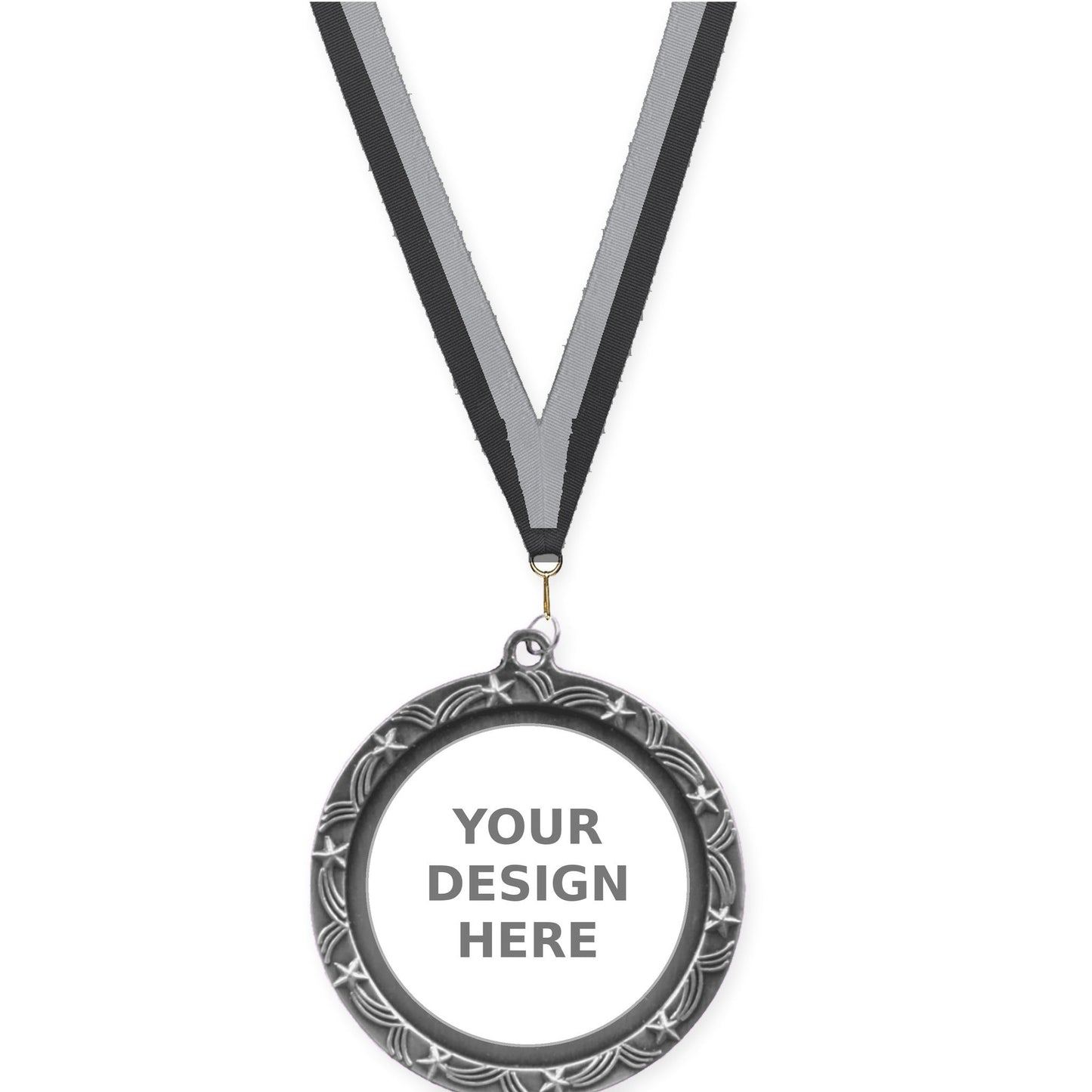 2 1/2 inch Star Halo insert medal in antique silver with Black Gray neck ribbon
