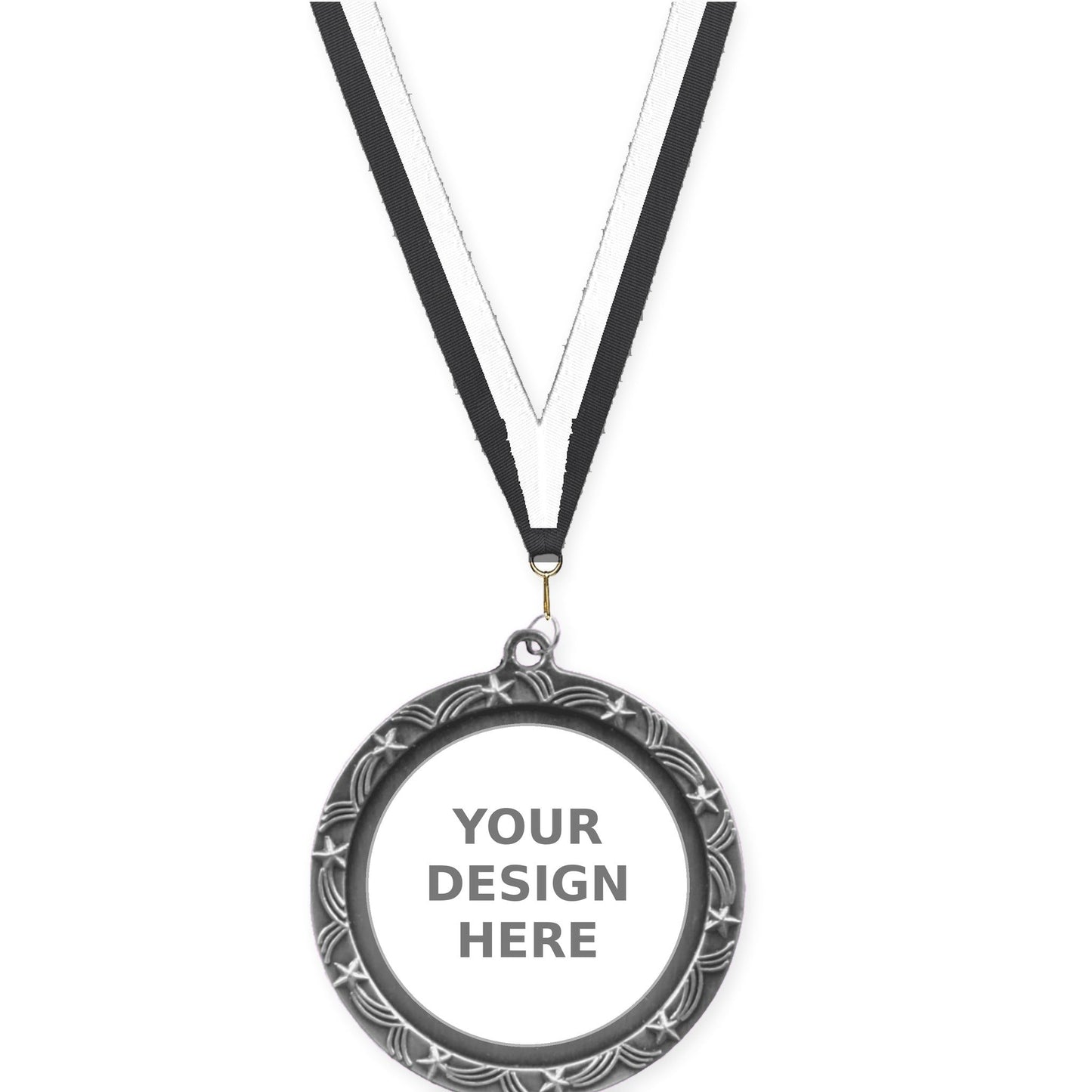 2 1/2 inch Star Halo insert medal in antique silver with Black White neck ribbon
