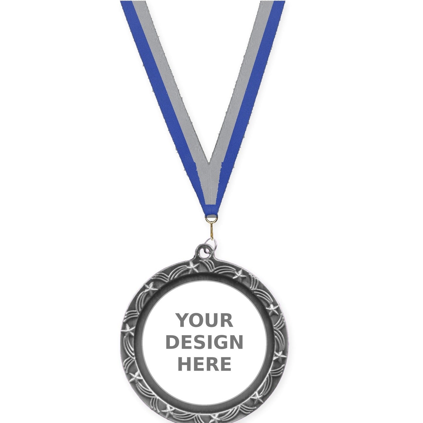 2 1/2 inch Star Halo insert medal in antique silver with Blue Gray neck ribbon