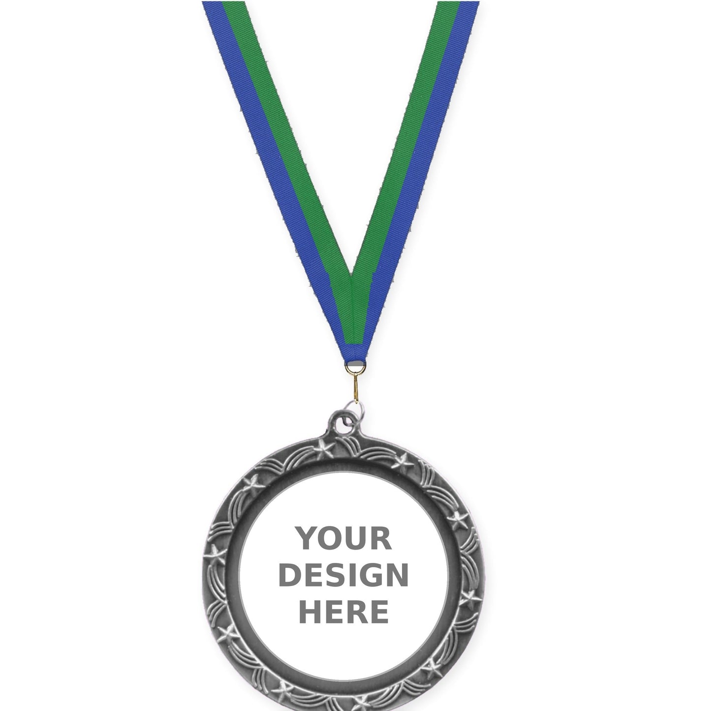 2 1/2 inch Star Halo insert medal in antique silver with Blue Green neck ribbon