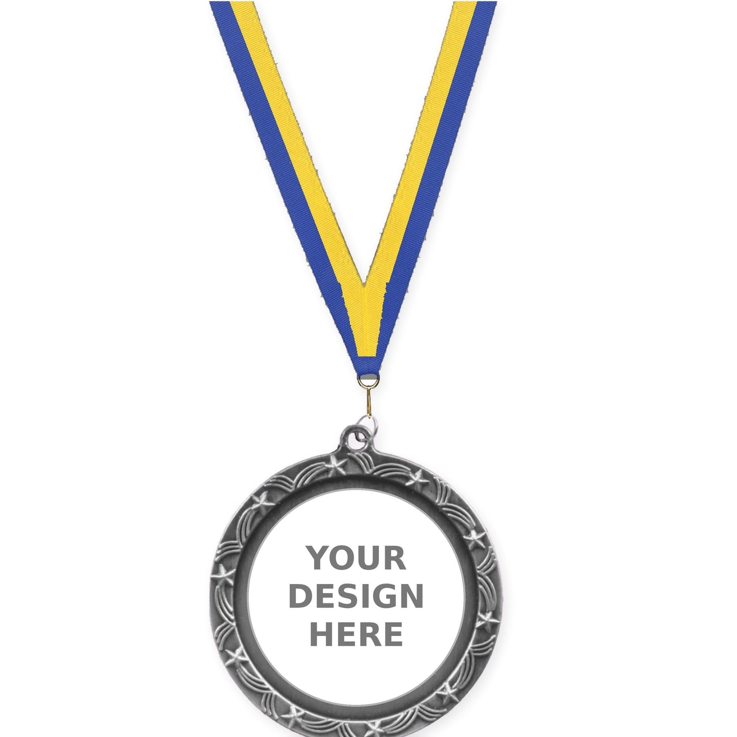 2 1/2 inch Star Halo insert medal in antique silver with Blue Yellow neck ribbon