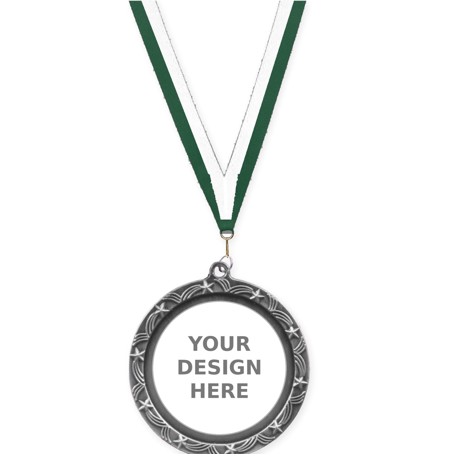 2 1/2 inch Star Halo insert medal in antique silver with Hunter Green White neck ribbon