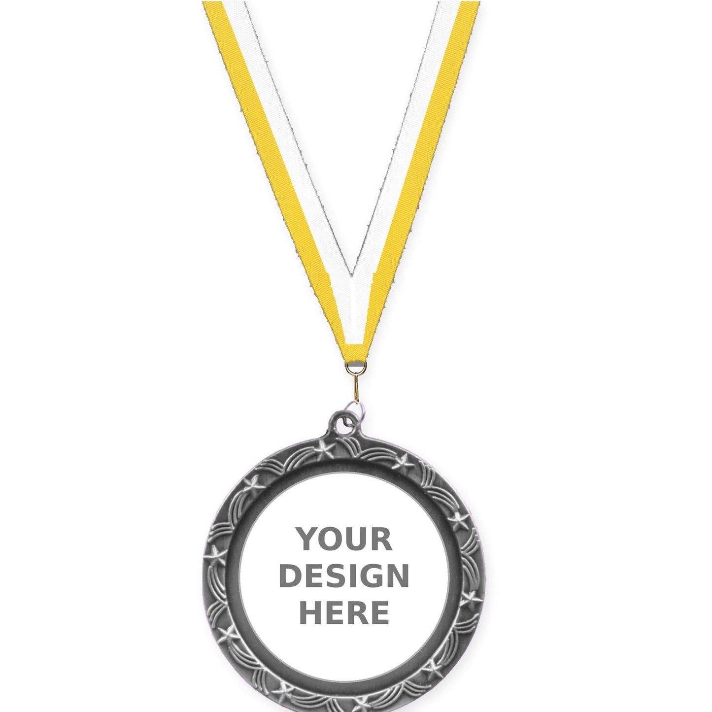 2 1/2 inch Star Halo insert medal in antique silver with Yellow White neck ribbon