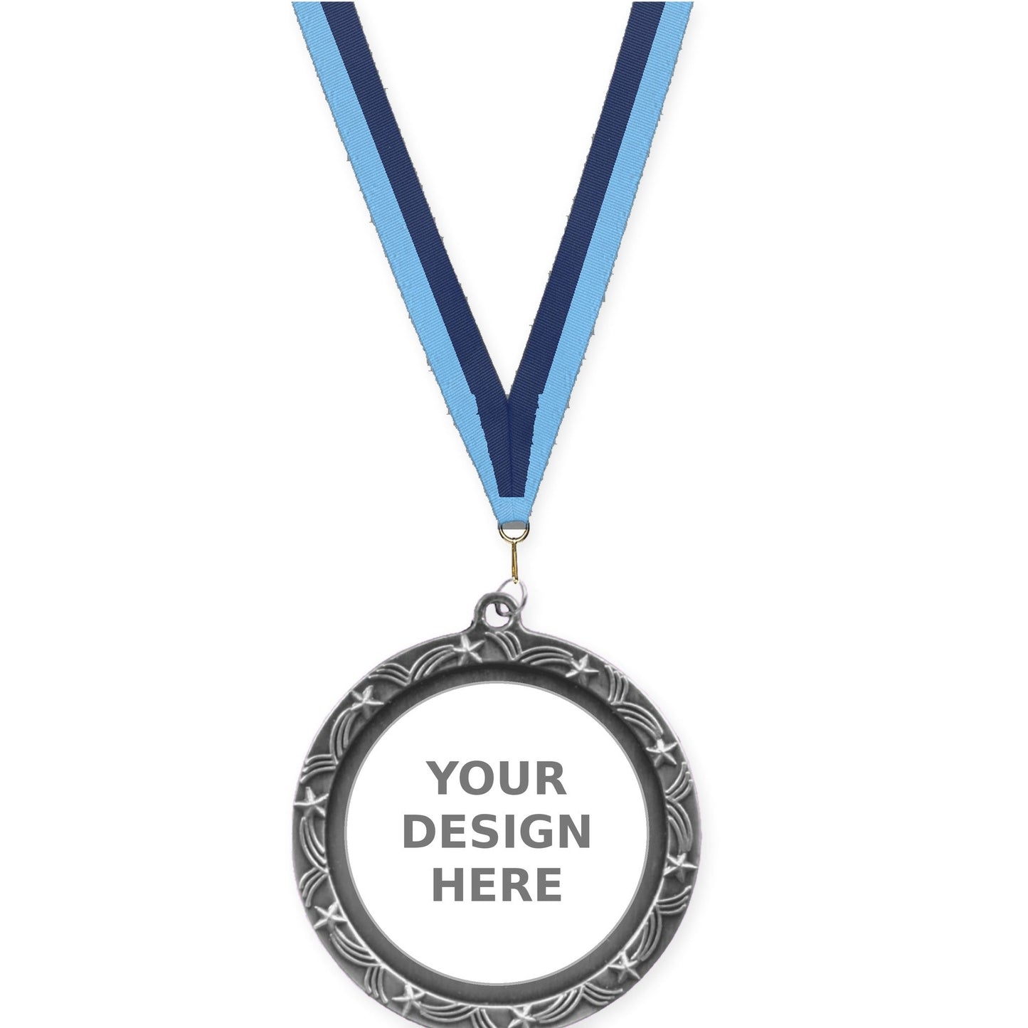 2 1/2 inch Star Halo insert medal in antique silver with Light Blue Navy neck ribbon