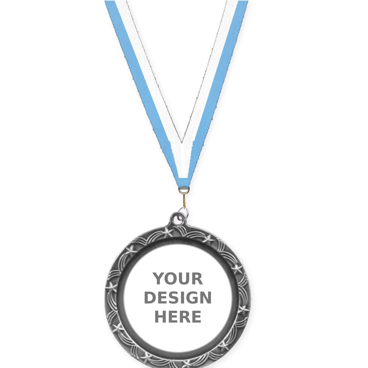 2 1/2 inch Star Halo insert medal in antique silver with Light Blue White neck ribbon