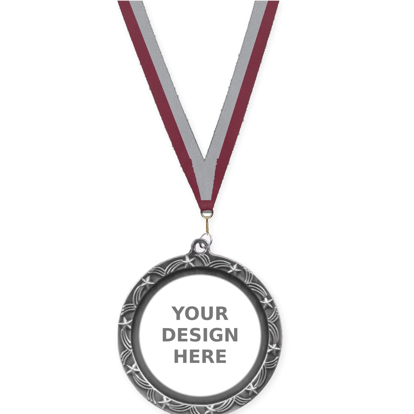2 1/2 inch Star Halo insert medal in antique silver with Maroon Gray neck ribbon