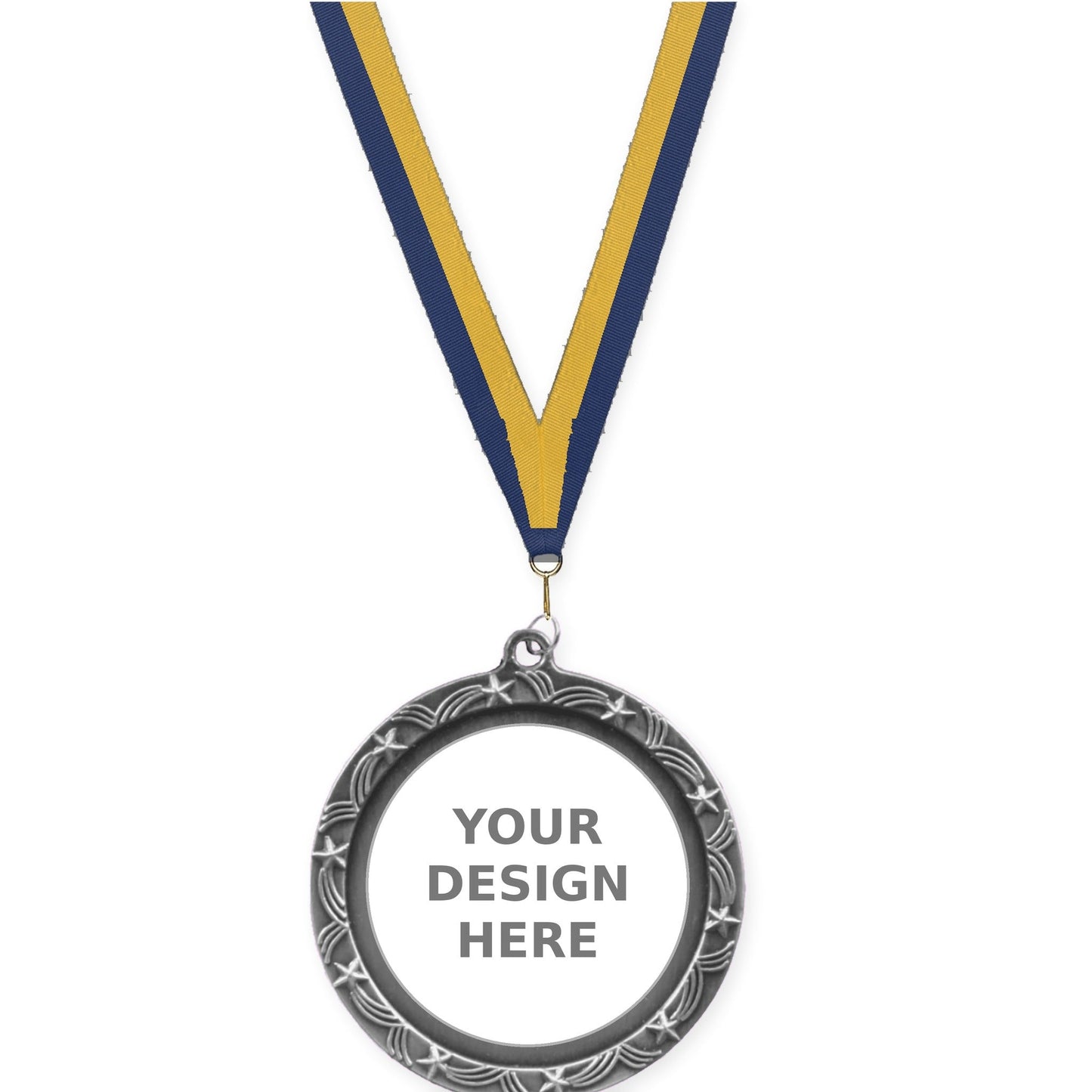 2 1/2 inch Star Halo insert medal in antique silver with Navy Gold neck ribbon