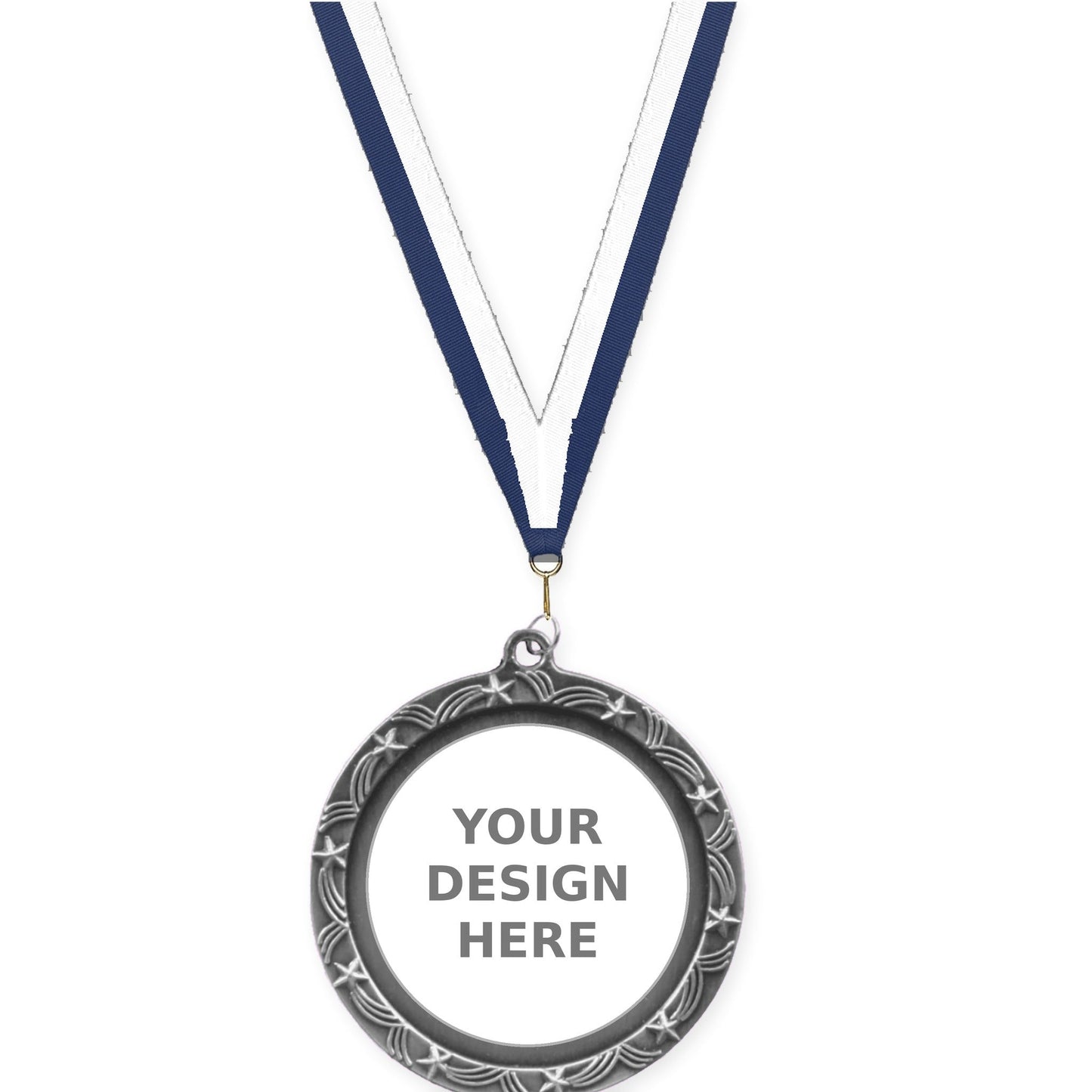 2 1/2 inch Star Halo insert medal in antique silver with Navy White neck ribbon