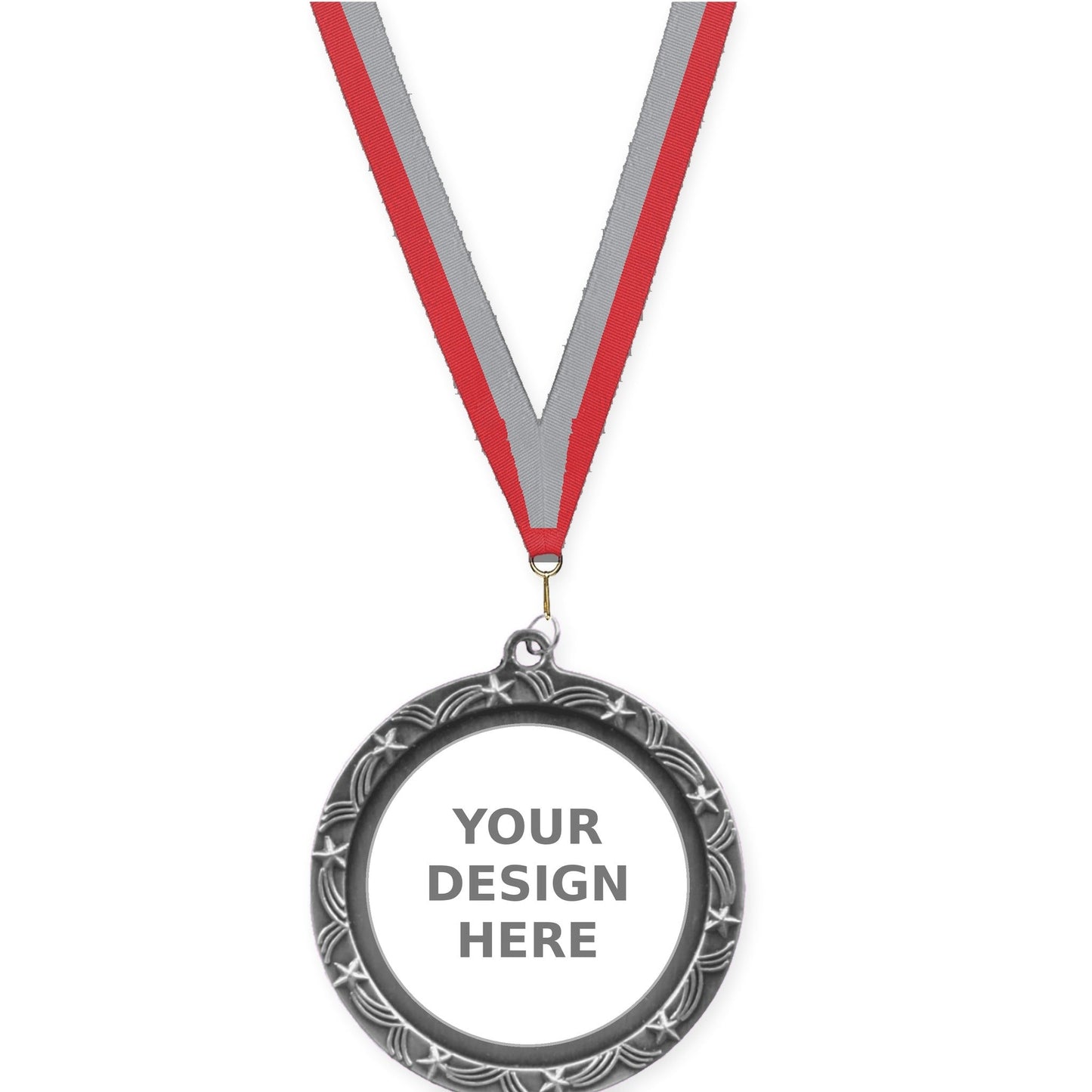 2 1/2 inch Star Halo insert medal in antique silver with Red Gray neck ribbon