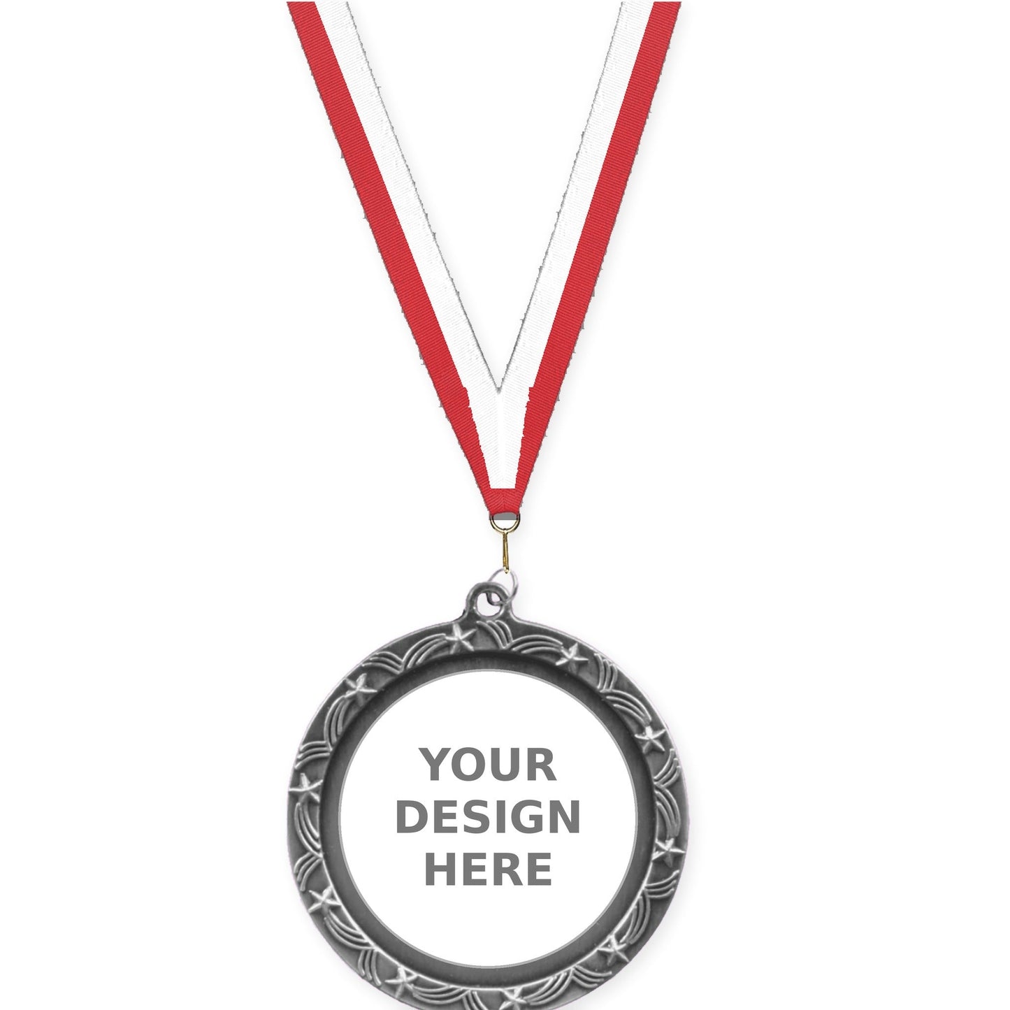 2 1/2 inch Star Halo insert medal in antique silver with Red White neck ribbon