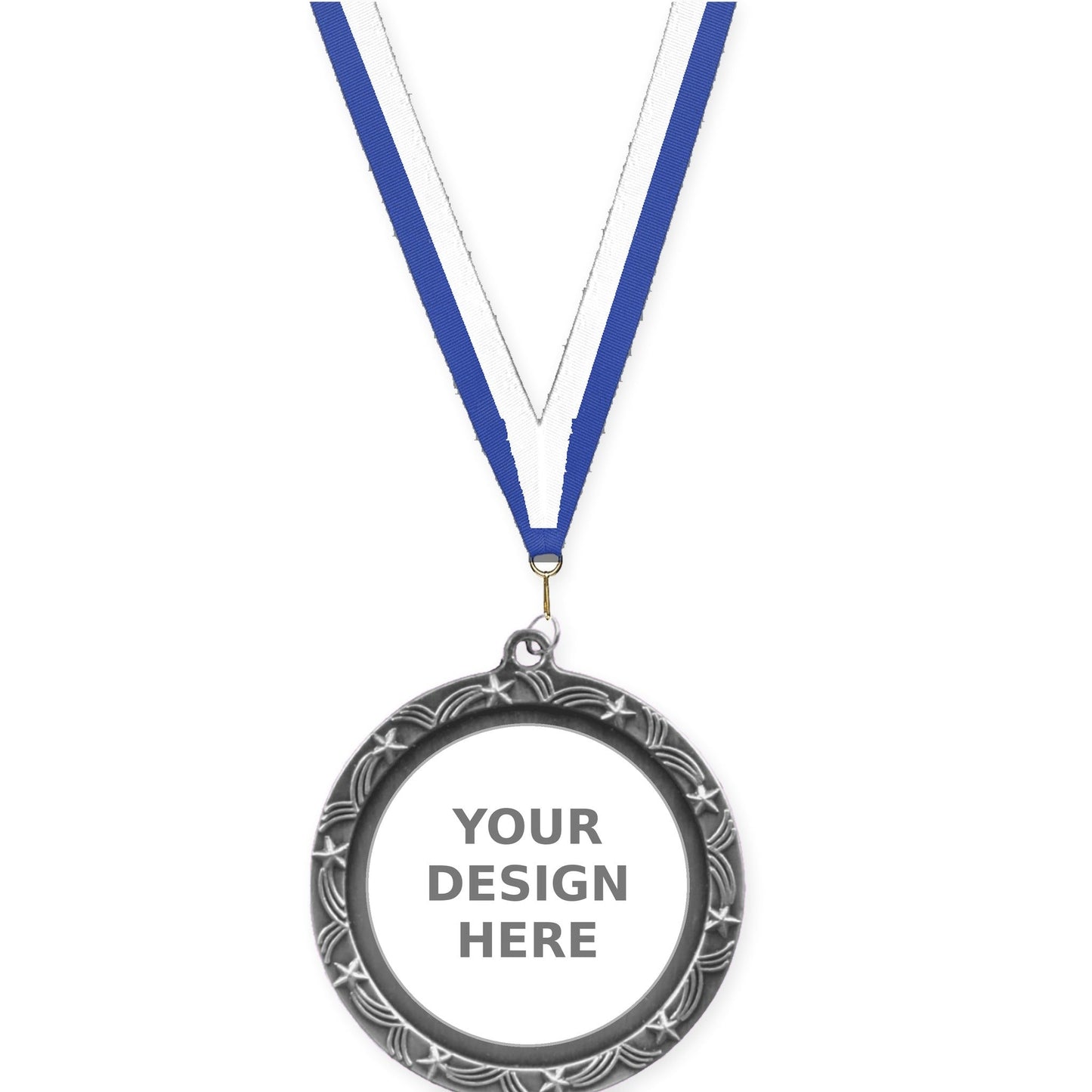2 1/2 inch Star Halo insert medal in antique silver with Blue White neck ribbon