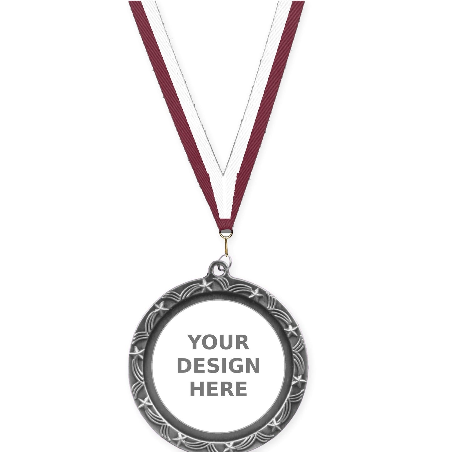 2 1/2 inch Star Halo insert medal in antique silver with Maroon White neck ribbon