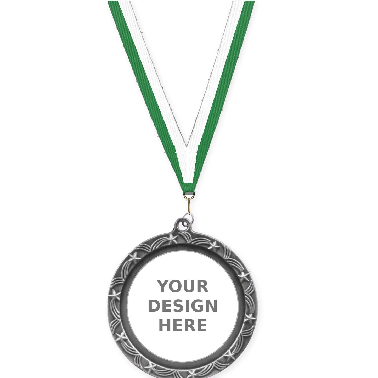 2 1/2 inch Star Halo insert medal in antique silver with Green White neck ribbon