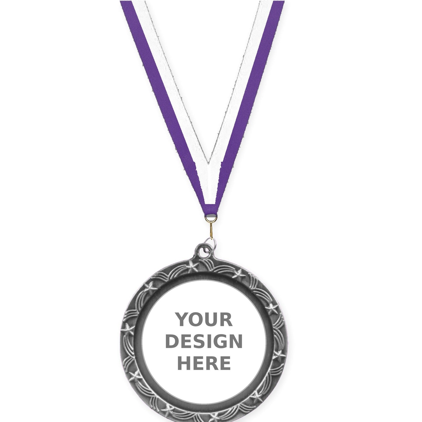 2 1/2 inch Star Halo insert medal in antique silver with Purple White neck ribbon