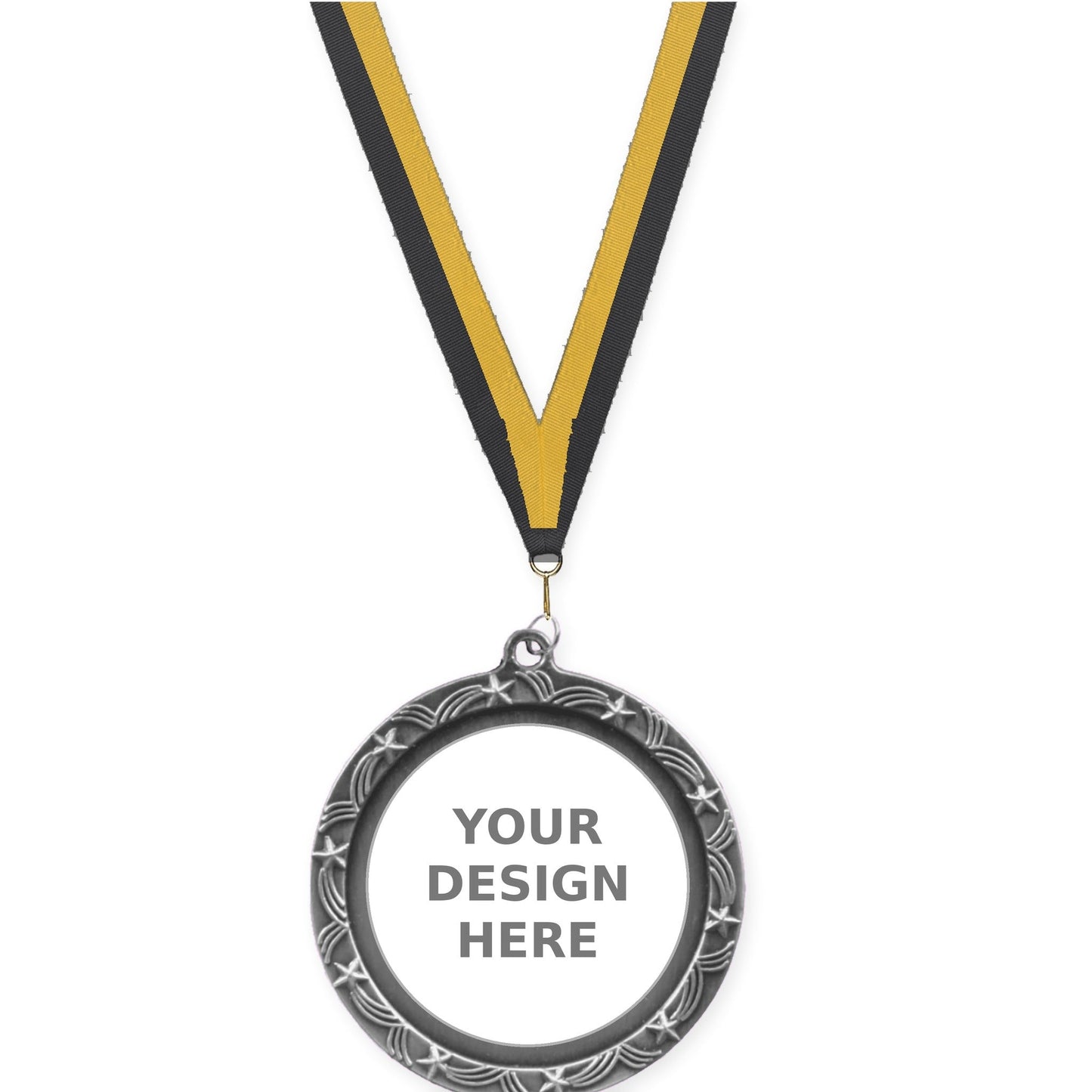 2 1/2 inch Star Halo insert medal in antique silver with Black Gold neck ribbon