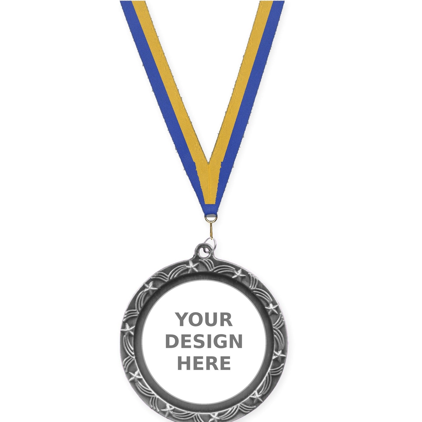 2 1/2 inch Star Halo insert medal in antique silver with Blue Gold neck ribbon