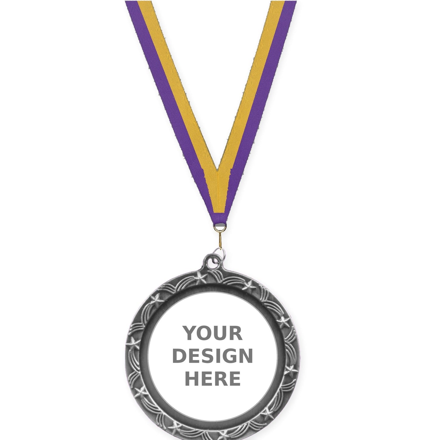 2 1/2 inch Star Halo insert medal in antique silver with Purple Gold neck ribbon